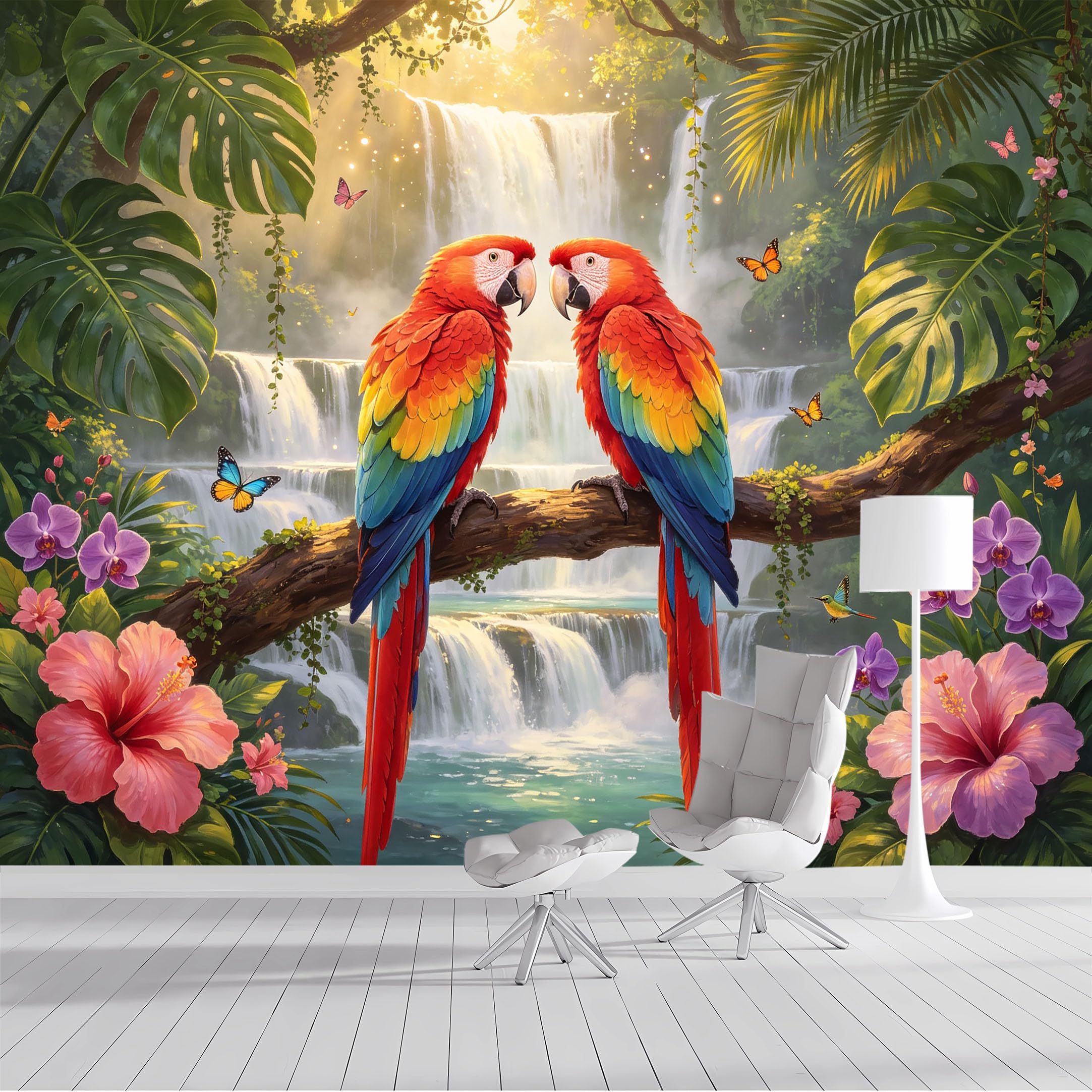 Yzpallescene Bh260711086 Custom Size Wall Mural Tropical Macaw Waterfall Botanical Selfadhesive Wall Fabric Removable Peel And Stick Wallpaper Wall Decor For Living Room Bedroom Bathroom