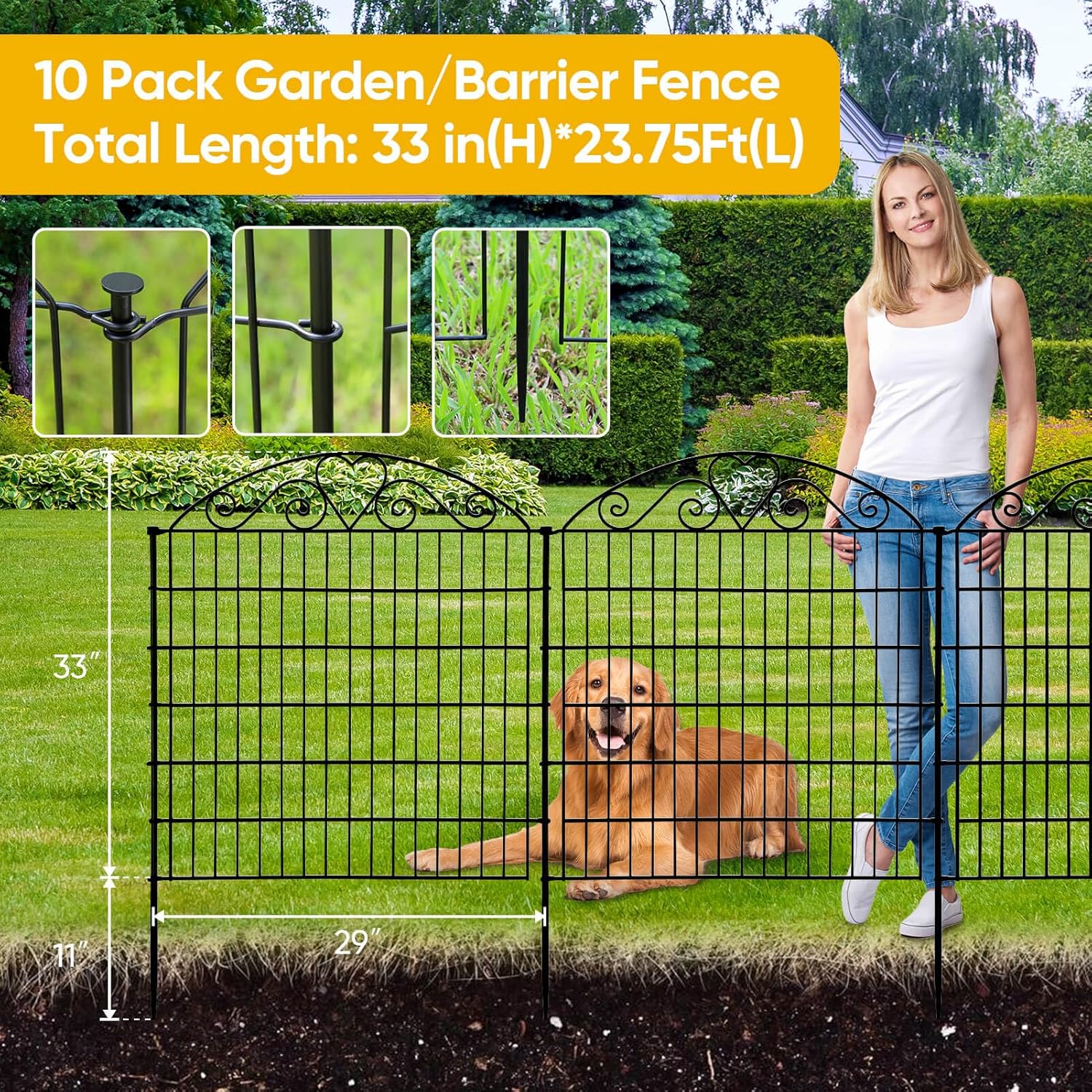 Garden Fence 10 Packs, Decorative Garden Fencing, Garden Fence Animal Barrier，33in(H) x23.75ft(L), No Dig Metal Fence Panels