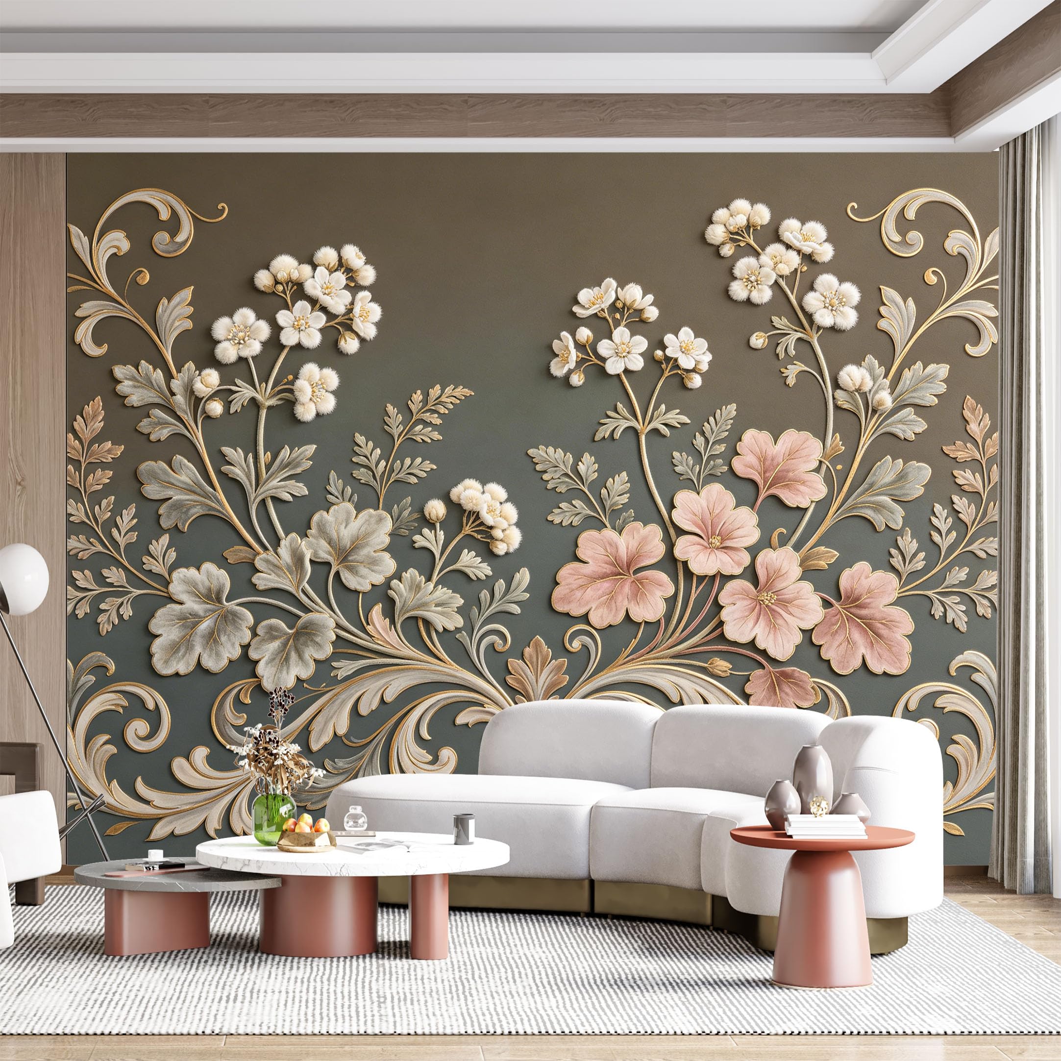 Custom Size Wall Mural Baroque Floral Art Nouveau Embellished Botanical SelfAdhesive Wall Fabric Removable for Home Office Decor