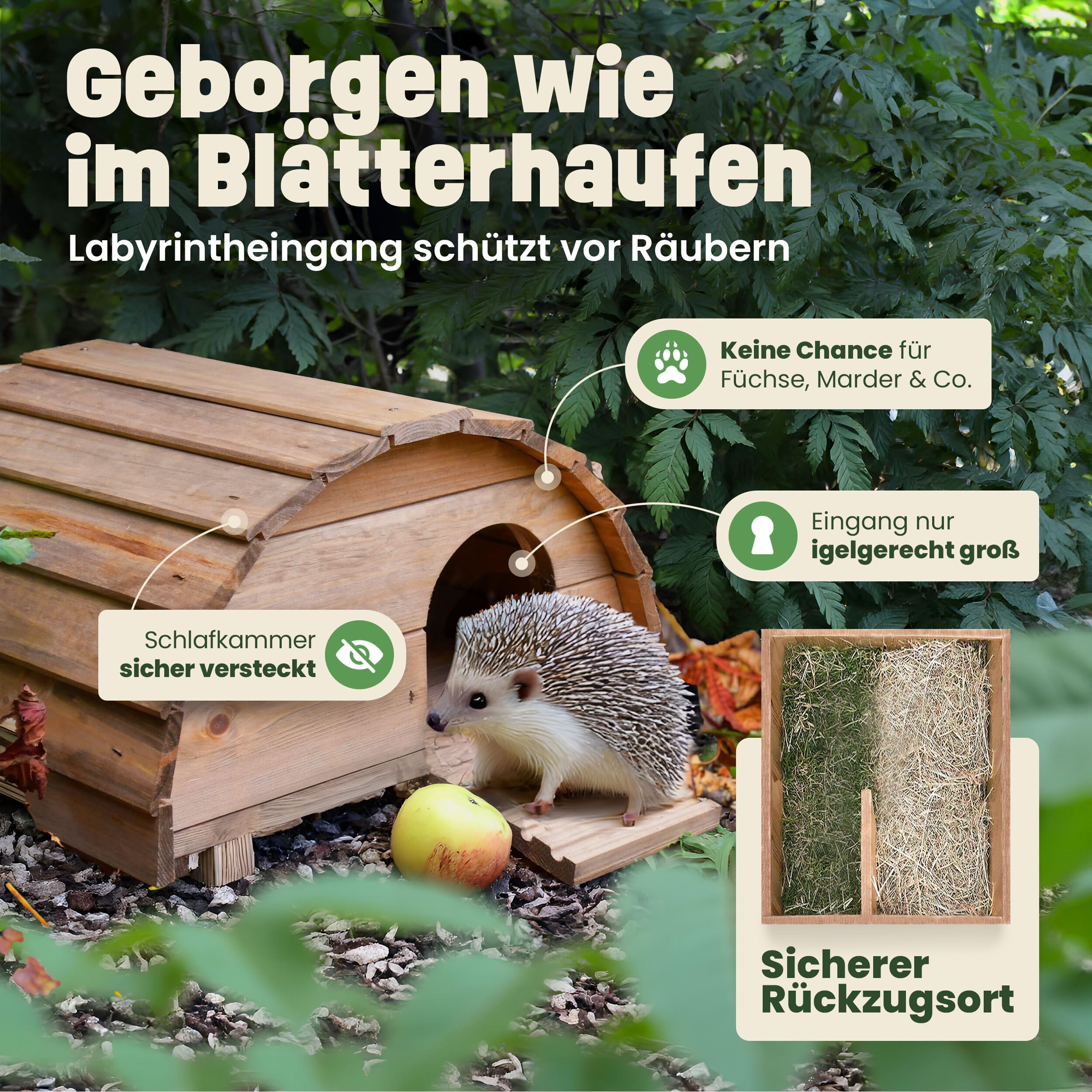 zooprinz Igelhaus aus Vollholz – Winterfest & wetterfest, mit Bodenplatte – Labyrinth-Eingang gegen Räuber – erhöht, warm & trocken – Outdoor Igelfutterhaus für Garten, fertig montiert (Mittelbraun)