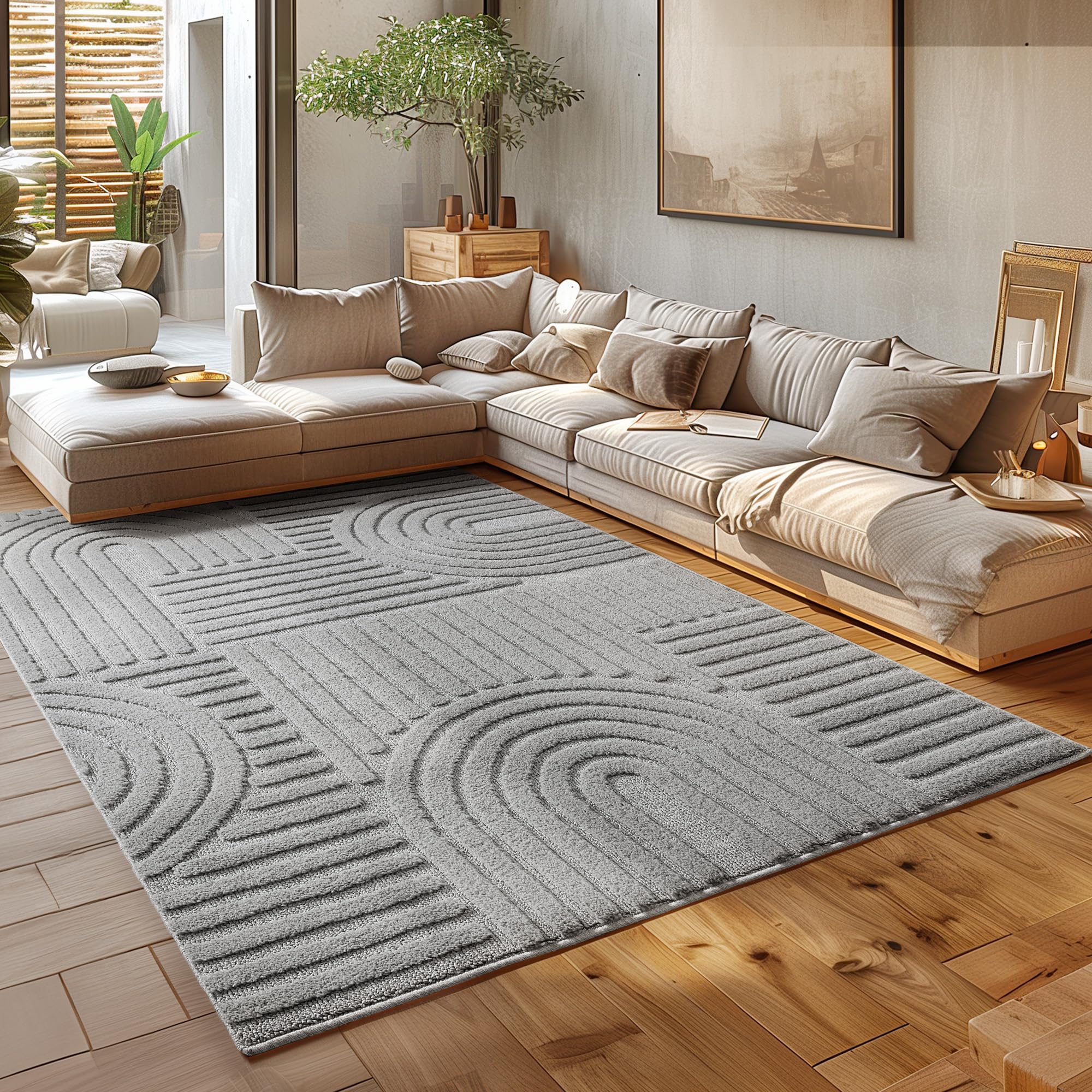 HomebyHome Alfombra de pelo corto para salón, 200 x 300 cm (200 x 290 cm), color plateado y profundo, efecto 3D, lavable, mullida y extrasuave, diseño escandinavo para dormitorio, comedor y cocina