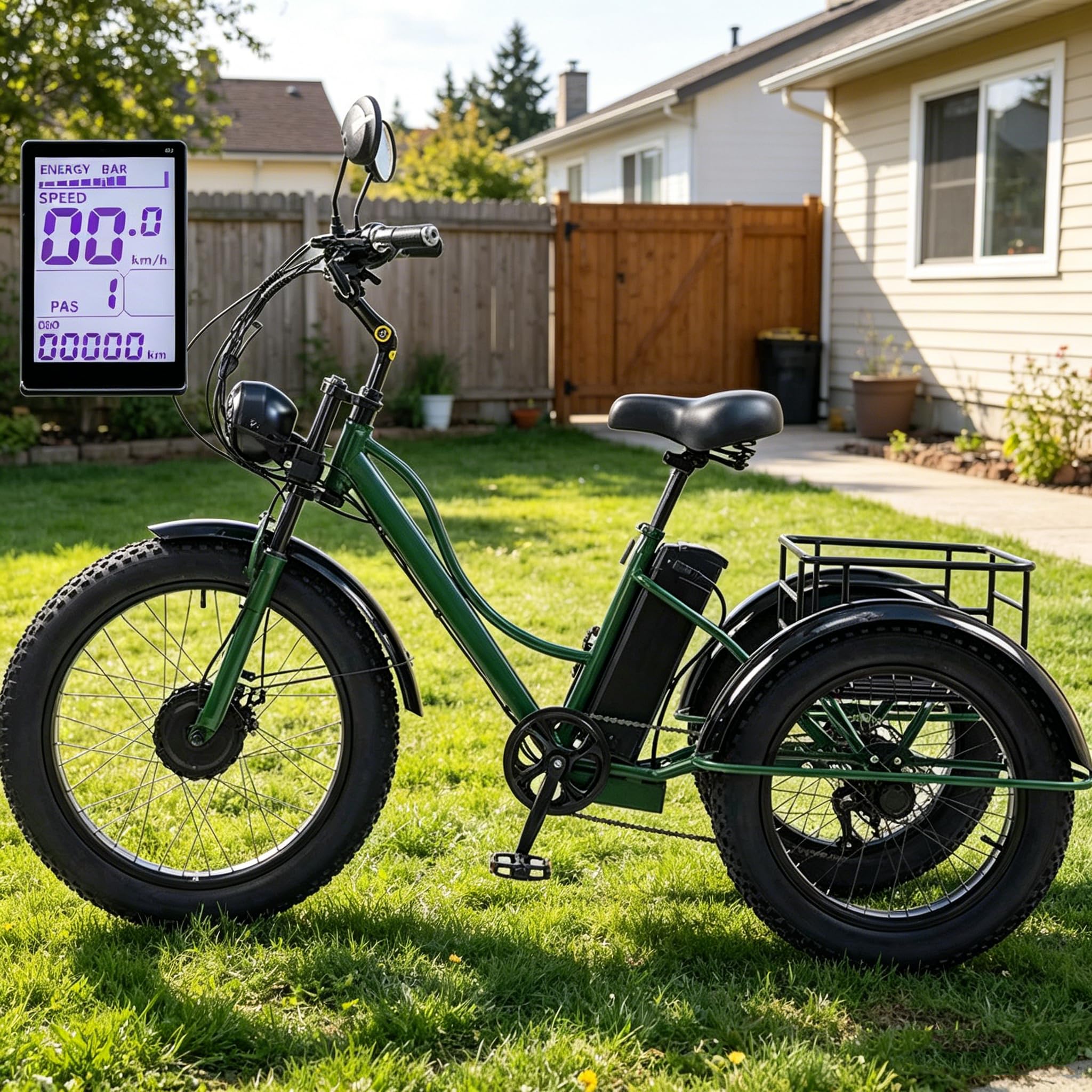 24'' 7 Speeds Adult Electric Tricycle, 48V15Ah 3 Wheels Electric Bike E-Trike with Large Basket, Fat Tyres Electric Cargo Tricycle for Senior, Lcd-Display, 65km Range, for Shopping/Commuting Green
