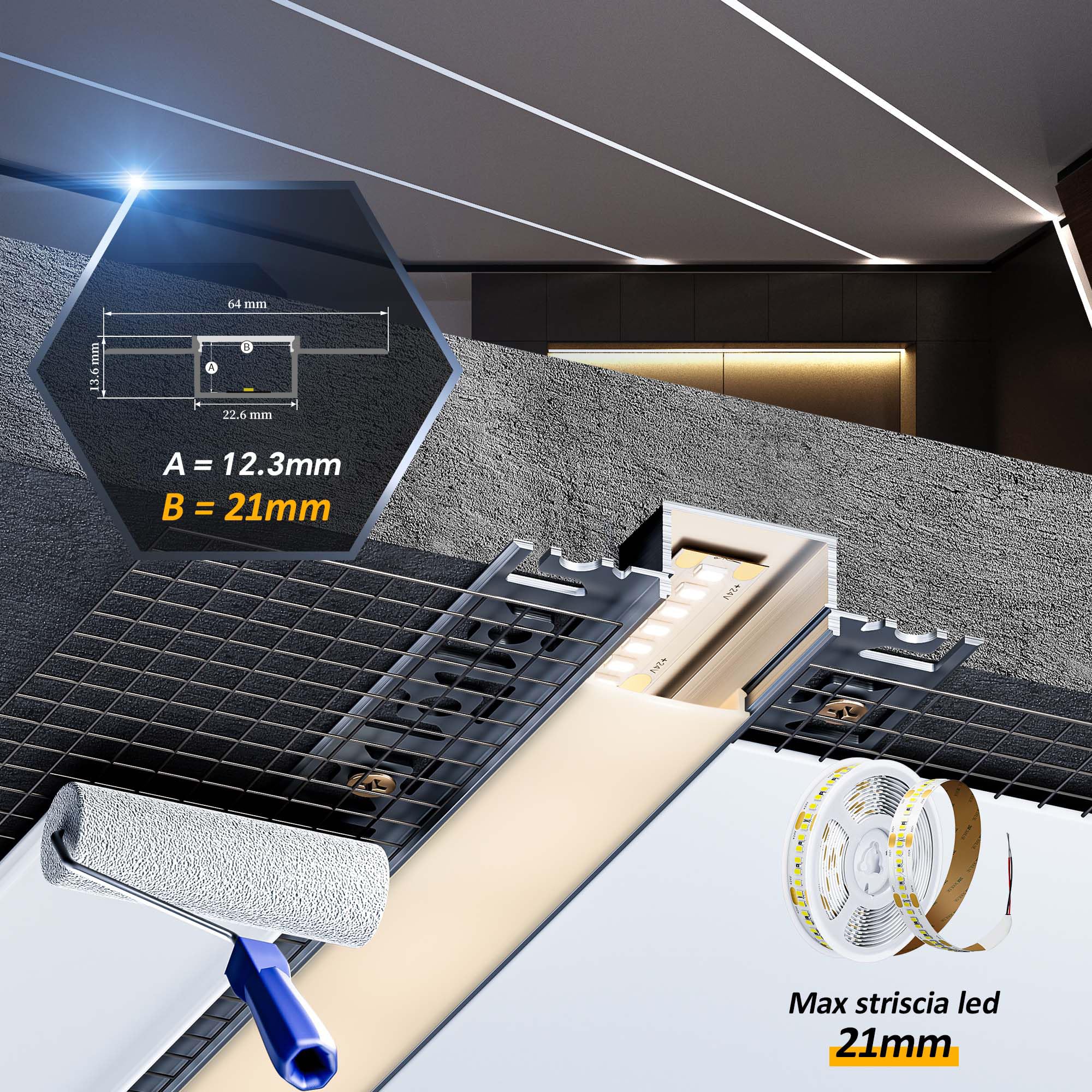 15 x Profilo Alluminio per Strisce LED 2M, Profilo Cartongesso per Barra Led, Installazione Superficiale per Illuminazione Indiretta del Soffitto, Compatibile con Diffusore Led e Canaline led