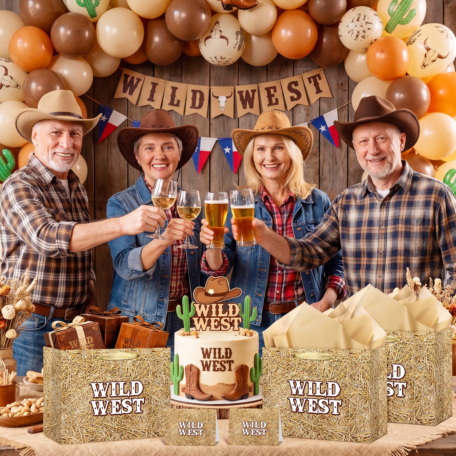 Fake Hay Bales Wild West Gift Bag with Card & Tan Wrapping Papers,Straw Yeehaw Happy Trails Western Gift Bag for Rodeo,Cowgirl Cowboy Birthday,Western-themed Wedding,Country Farm Party Goodie TreatBag
