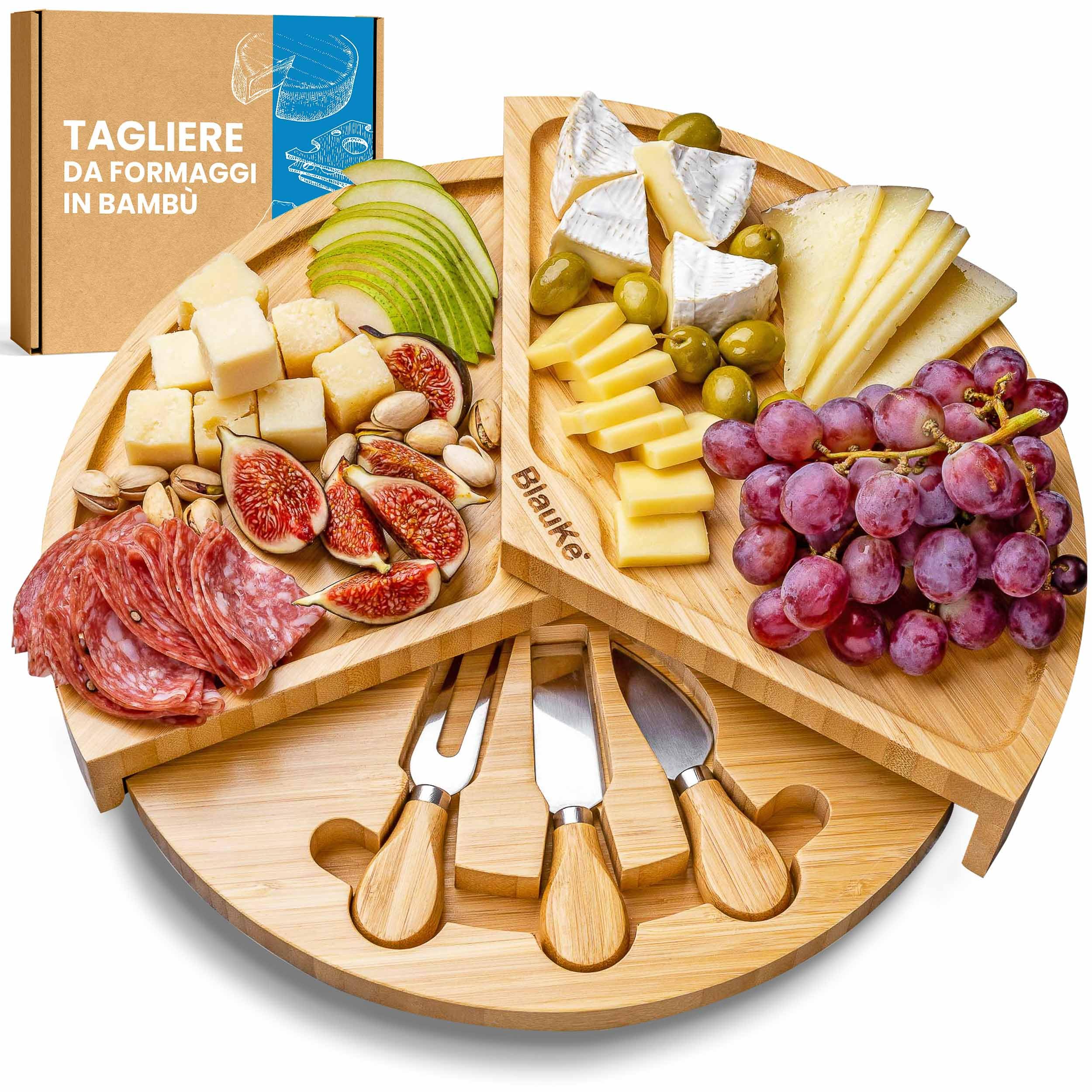 Tagliere In Bambù 37 Cm Con Set Di 3 Coltelli Da Formaggio, Vassoio Girevole Pieghevole Per Salumi E Aperitivi, Regalo Elegante Per Buongustai