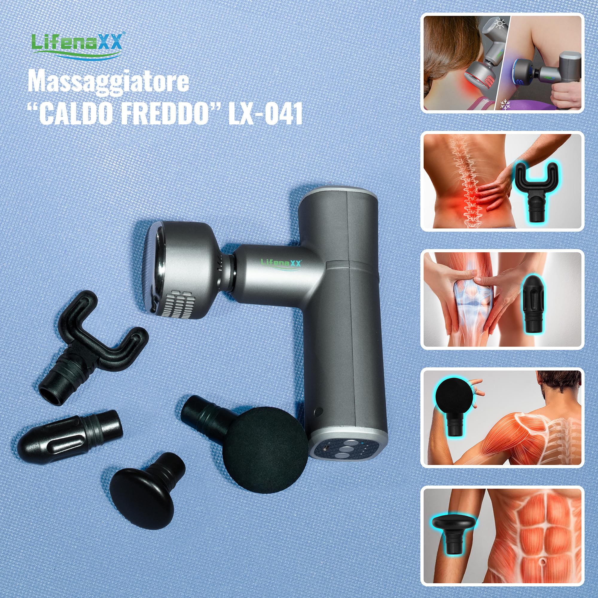 LX-041, pistola per massaggi Lifenaxx per tessuti profondi, 3 livelli di riscaldamento e raffreddamento, 5 testine, 4 livelli massicci, ricarica USB, 2000 mAh - Mini massaggiatore portatile per corpo