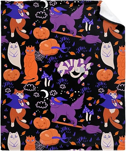 Manta de calabaza y gato de Halloween, manta de franela suave y ligera, regalo para mujeres Wen, edredón cómodo para el hogar, cama y sofá, 30 x 40
