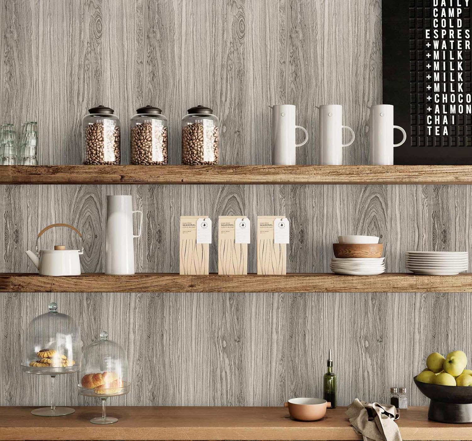 Livebor Grey Wood Grain Contact Paper Rustic Wood Peel and Stick Wallpaper 17.7" x 393.7" Self-Adhesive Removable Kitchen Cabinet Wallpaper