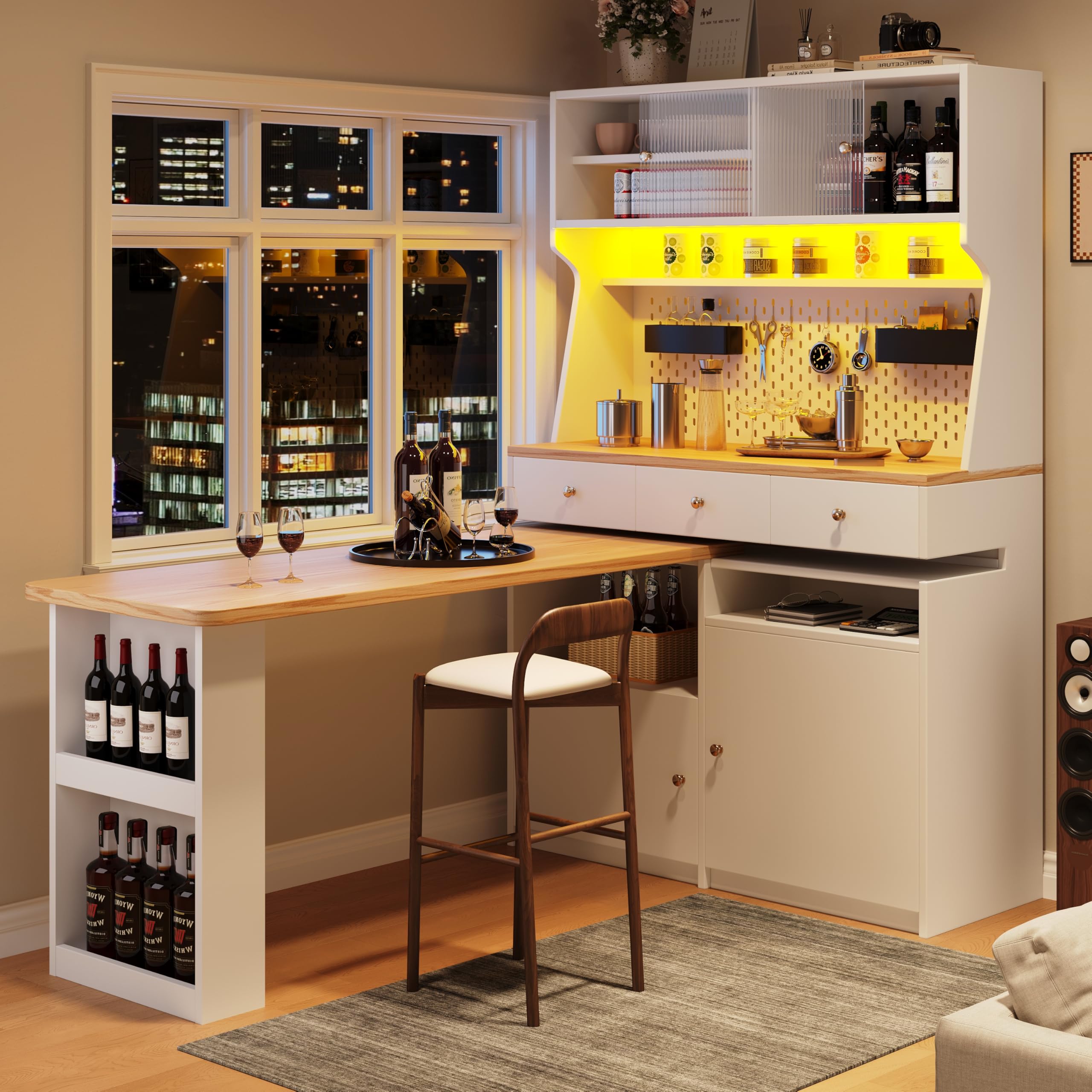 Lcoho Armadietto da cucina (137 x 45 x 178 cm), a buffet alto, multiuso a buffet, armadietto da tavolo, scrivania, armadietto con due ante e tre cassetti, bianco