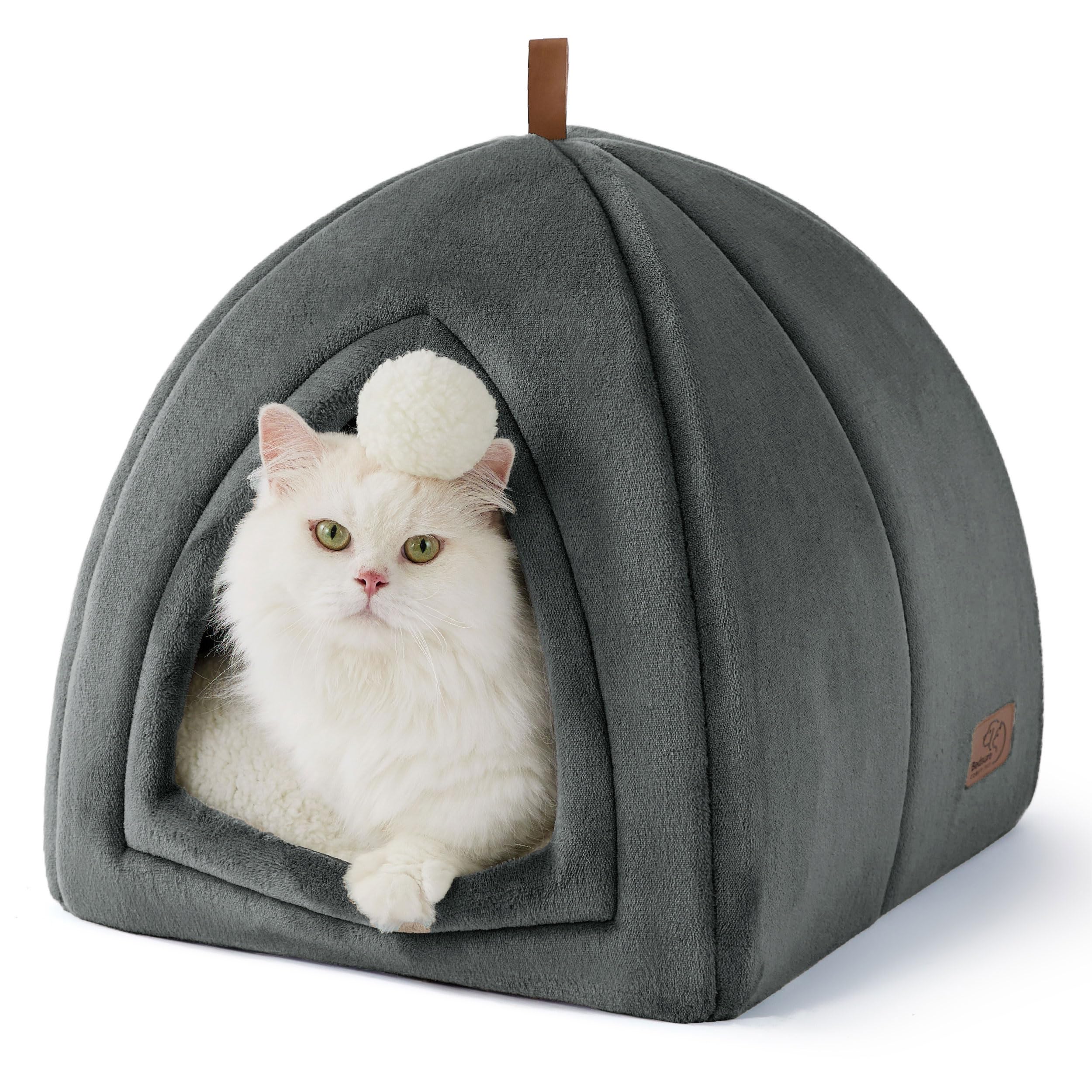 Bedsure Cama Cueva Gato Interior Casa Iglú Franela, 40x40cm | Cama Mascota Cerrada Plegable con Cojín Extraíble Lavable, Gris Oscuro