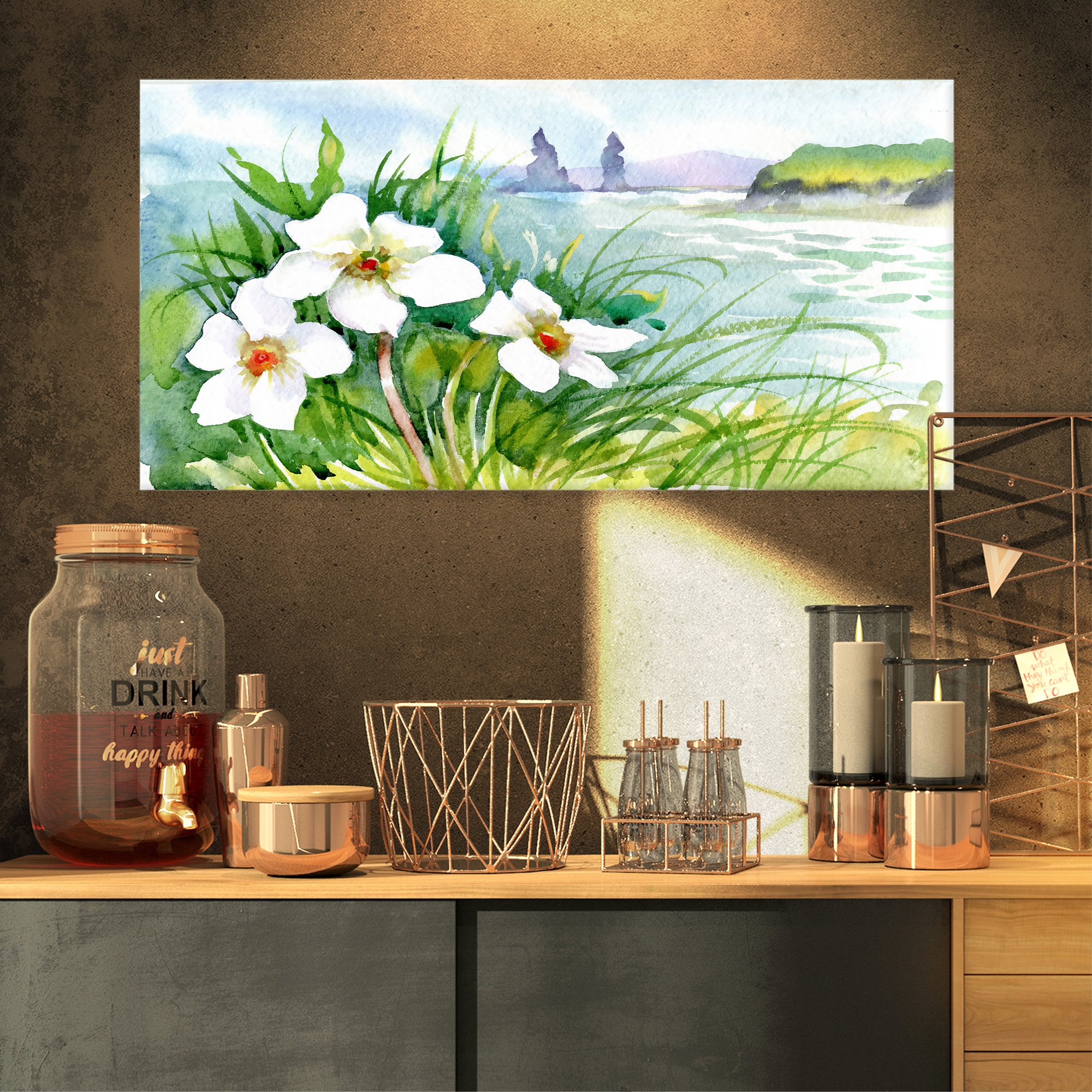 Designart PT11723-32-16 Blooming Flowers on Summer River Landscape Artwork Canvas, 32x16