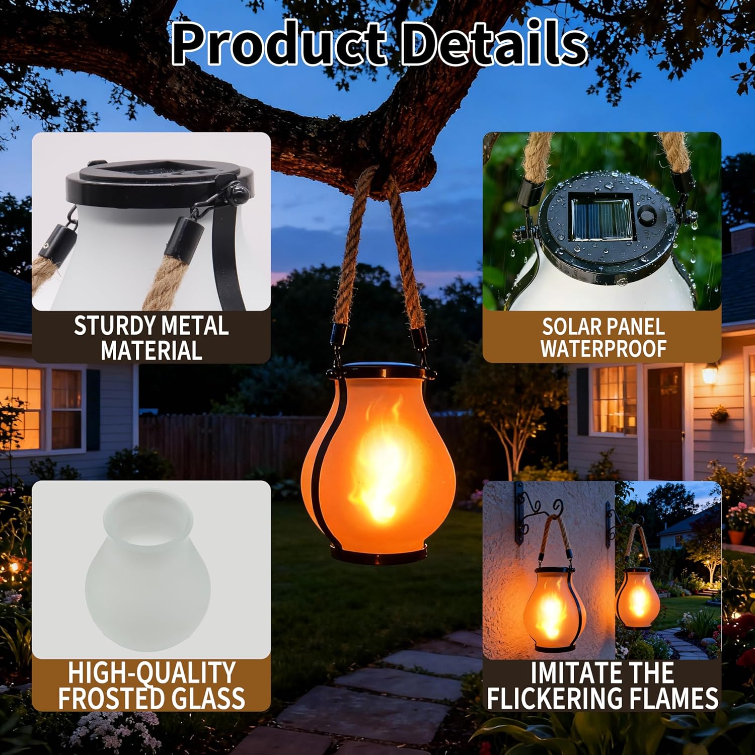 2 Pack Solar Flame Lantern Hanging Waterproof Outdoor with Realistic Dancing Flickering Flame Light Glass Solar Lamp for Women Gifts,Halloween,Christmas Yard Garden Patio Porch Decor