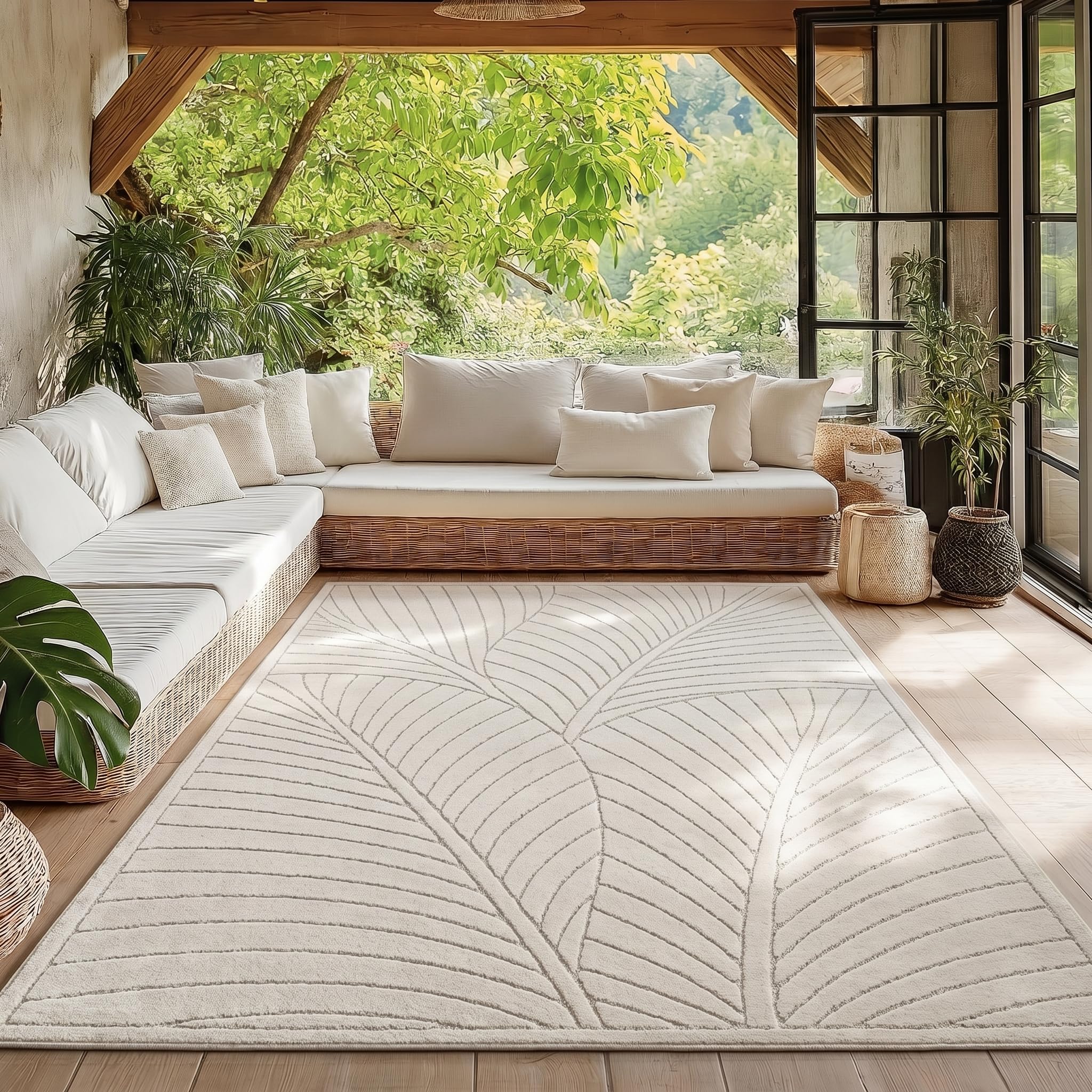 HomebyHome Kurzflor Teppich Wohnzimmer Schlafzimmer 3D Hoch-Tief-Effekt, Skandinavisch Boho Motiv, für Outdoor Bereich geeignet Terrassen oder im Balkon
