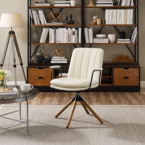 Miniatura 7 de Art Leon Silla de escritorio sin ruedas, moderna silla giratoria de mediados de siglo con patas de madera de roble, sillón de piel sintética para