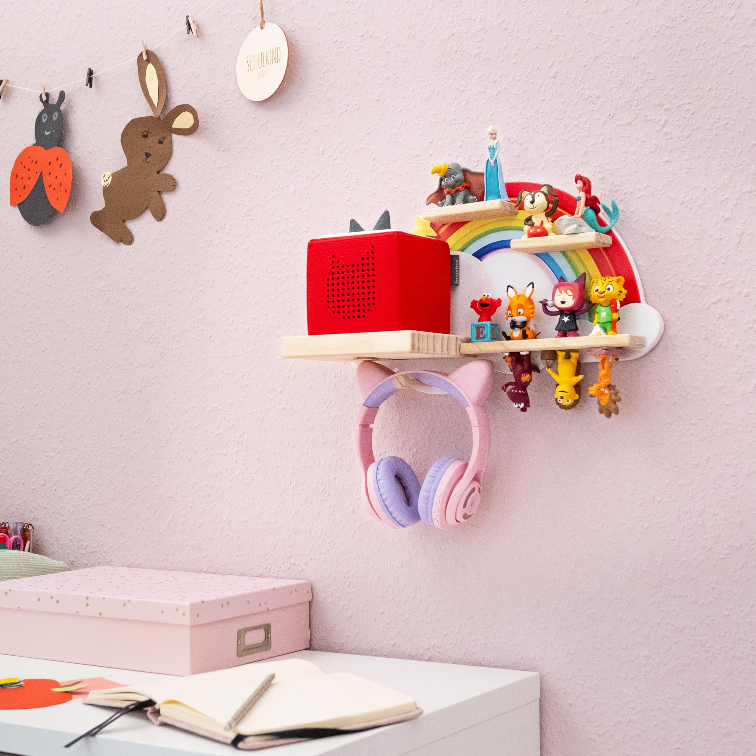 WeMa Tonie Regal Regenbogen - magnetisches Wandregal für Toniebox & Tonie Figuren - Aufbewahrung für Hörfiguren und Kopfhörer - magnetisches Toniebox Regal Mädchen & Junge