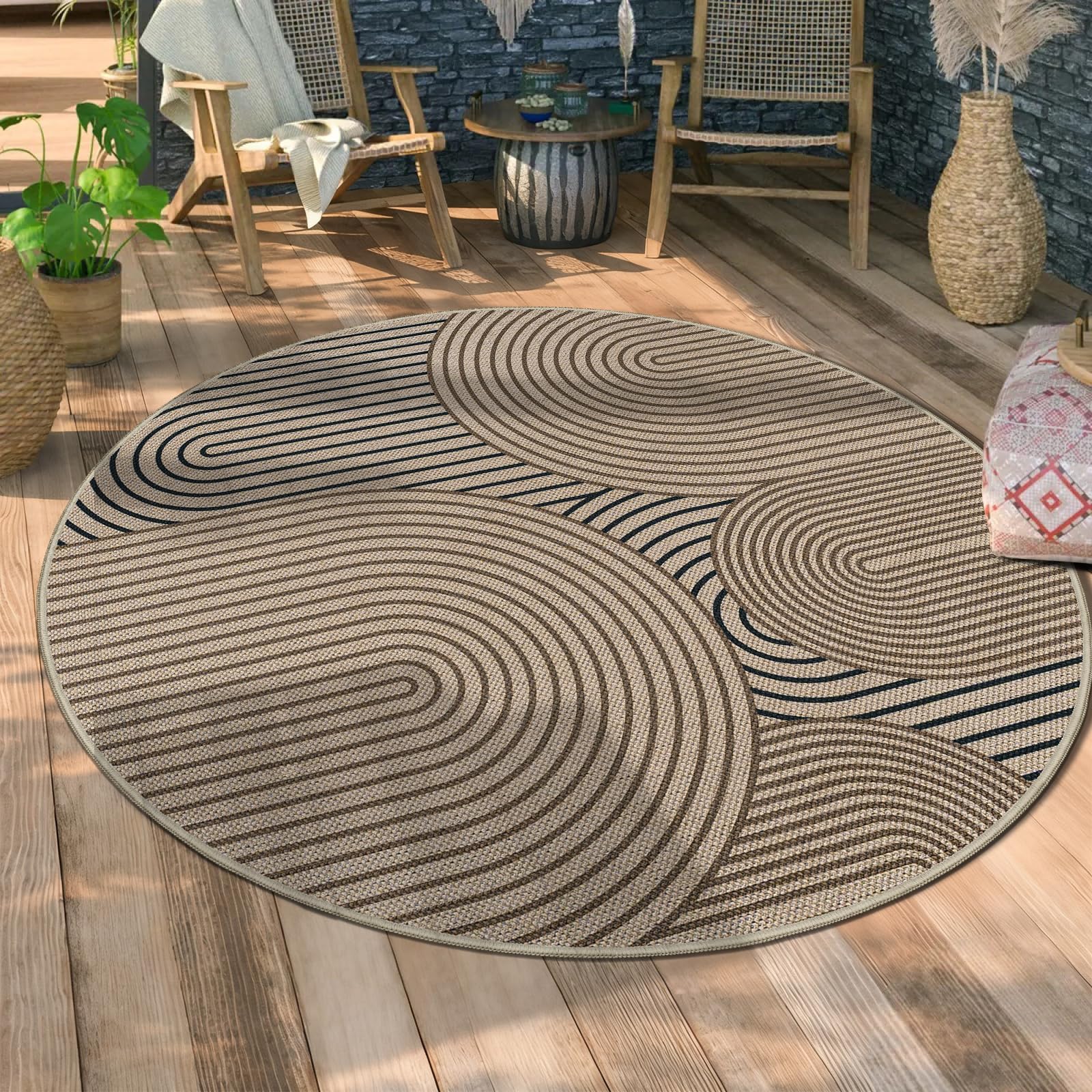Teppich rund 160 cm, Leichter Jute Aussehen Teppich, Rutschfest Wohnzimmerteppich, Outdoor Teppich Waschbarer, Minimalistisch Boho Teppich Braun für Schlafzimmer, Wohnzimmer und Balkon