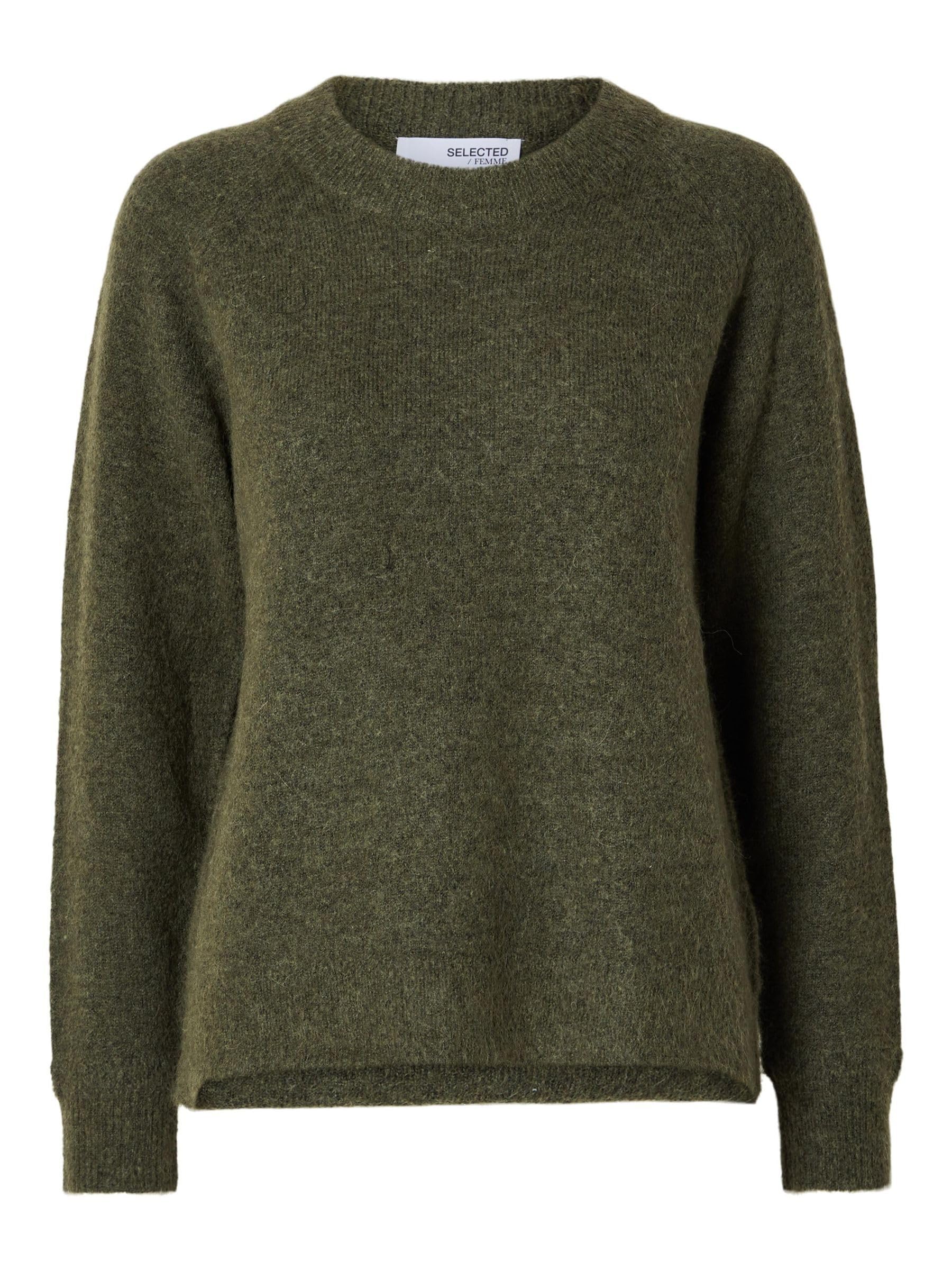 SELECTED FEMME BLACK Women's SLFLULU LS Knit O-Neck B NOOS Pullover Sweater, Kalamata/Detail:Melange, M
