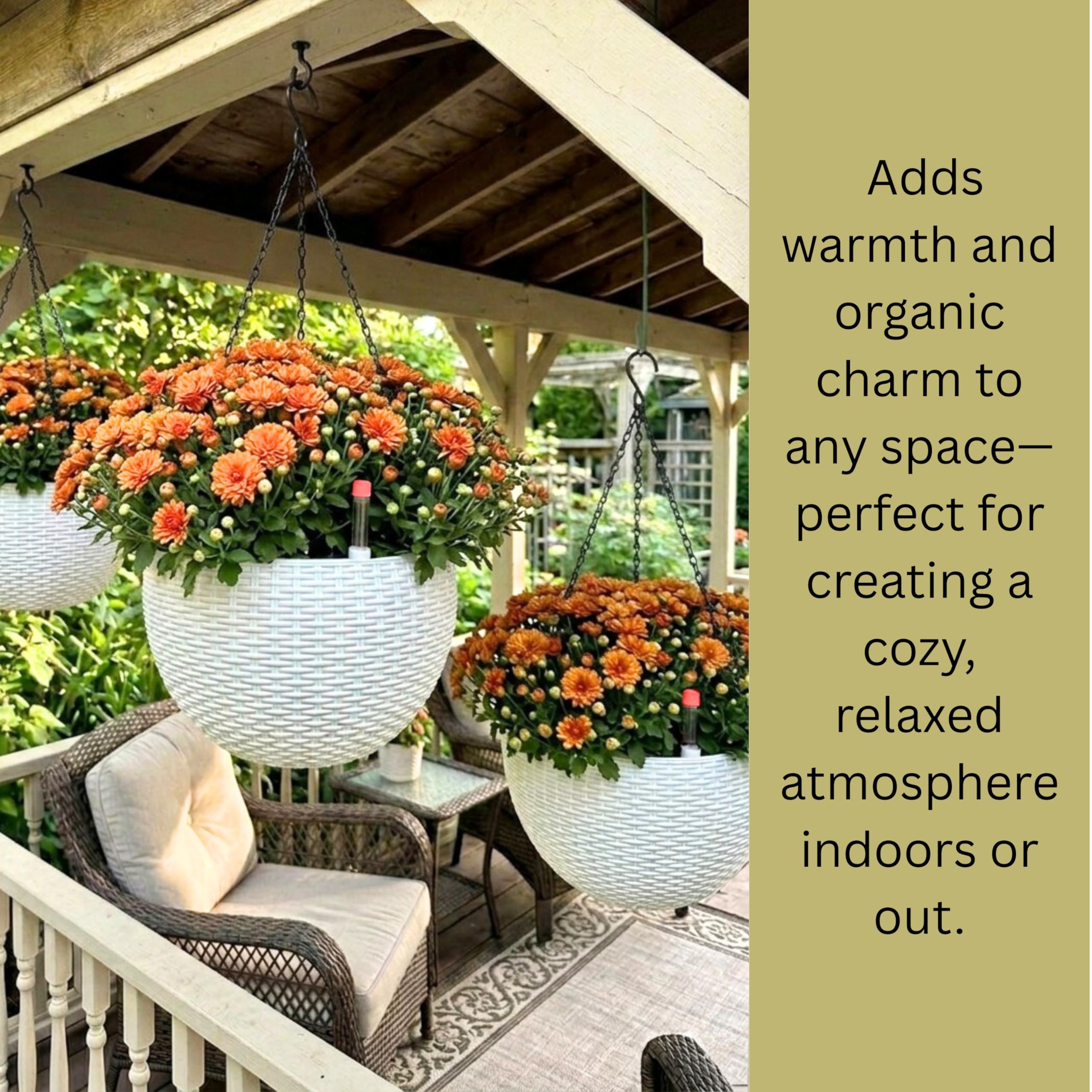 LáLáGreen Pot de Fleurs Suspendu Auto-Arrosant 28 cm avec Indicateur de Niveau d'eau, Jardinière Ronde Aspect Rotin avec Chaîne en Métal pour Balcon, Terrasse et Jardin (Blanche, 2)