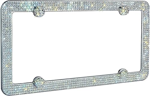 Miniatura 3 de HC - Marco de matrícula de acero inoxidable de 4 agujeros hecho a mano con diamantes de imitación transparentes de lujo, 1 paquete con caja de