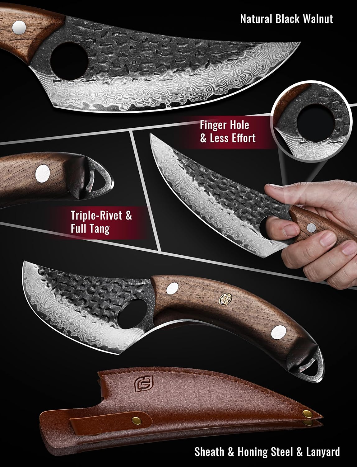 Emojoy Damascus Chef Knife, 67-Layer Damascus Steel Kitchen Knife with Black Hammered Finish, Japanese Knives for Home, Outdoor Cooking, BBQ, Include Gift Box, 6.3 Inch