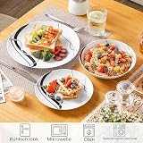 VEWEET Serie FIONA Set di Piatti per 6 Persone in Porcellana, 18 Pezzi con 6 Piatti Piani, 6 Piatti da Dessert e 6 Ciotole da Portata Individuali, Bianco con Motivo Linee Nere e Argento, Rotondo - 5