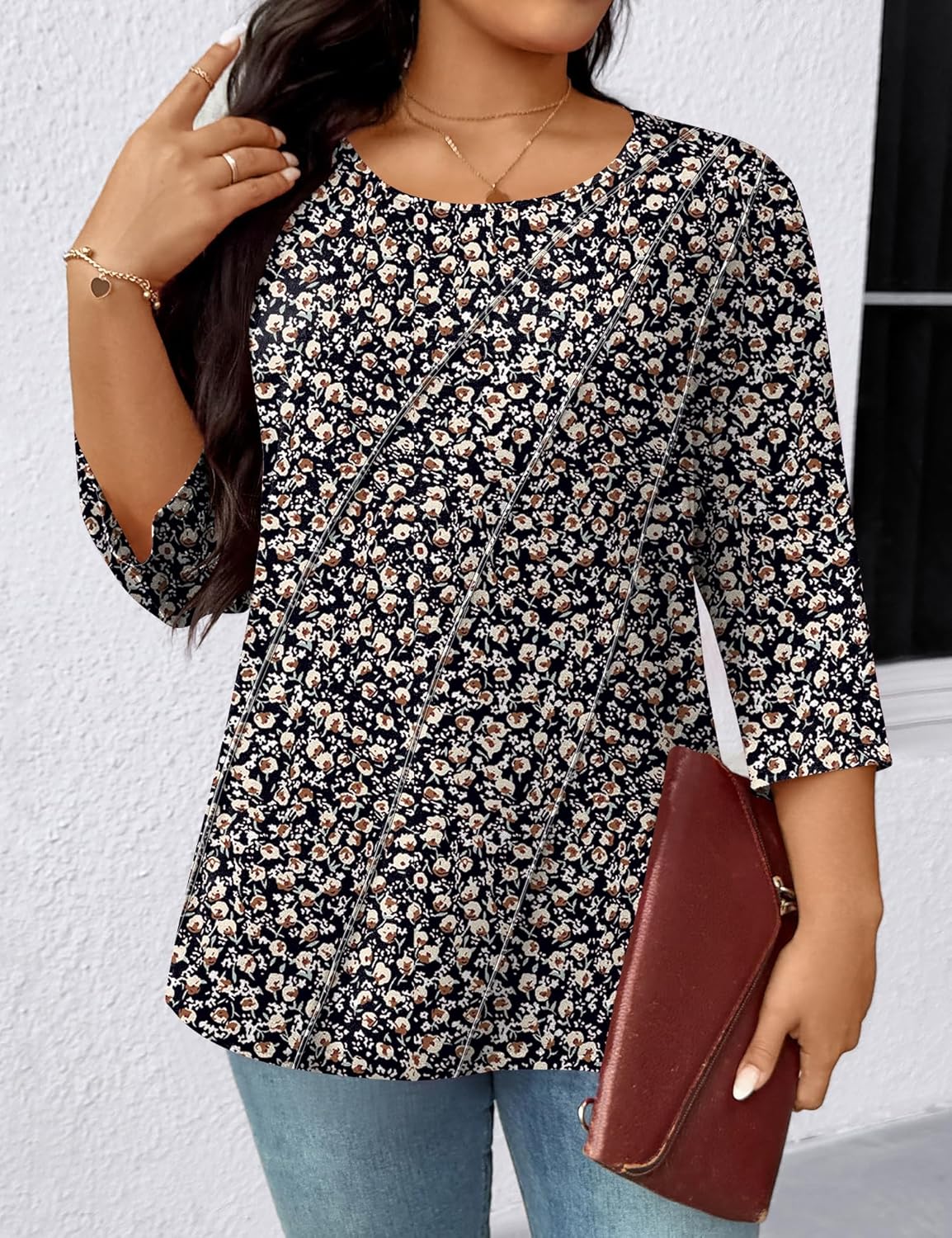 LOMON Womens Plus Size Tops 3/4 Length Sleeve Womens Tops Pleated Crewneck Fall Shirts Summer Blouses 2026 (1X-5X) - Image 5