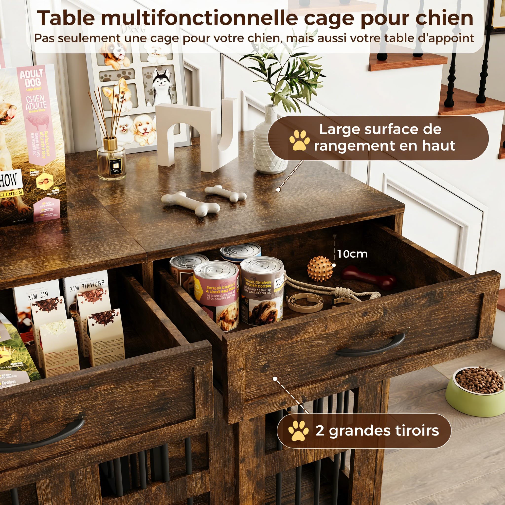 IRONCK Cage pour Chien, Meuble Cage Chien, Coffre en Bois Niche pour Chien Intérieur avec 2 Tiroirs et Cloison, Table d’Appoint 2 Portes pour Chien, 106x68x88cm