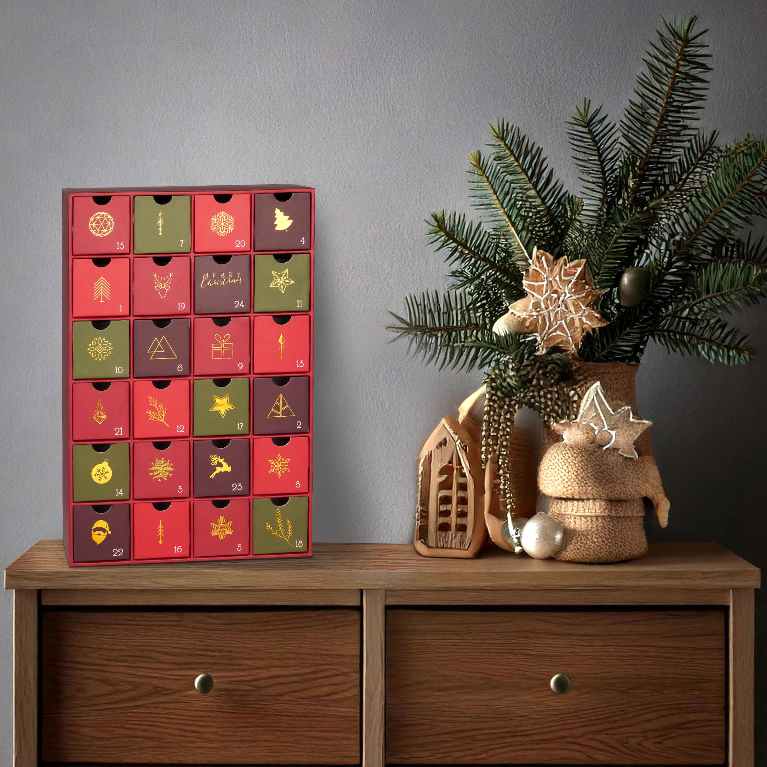 BRUBAKER Adventskalender zum Befüllen - Rot Grün Gold - 39 cm | Traditionelles Weihnachten - DIY Weihnachtskalender mit 24 Türchen für Gutscheine, Süßigkeiten und andere Überraschungen