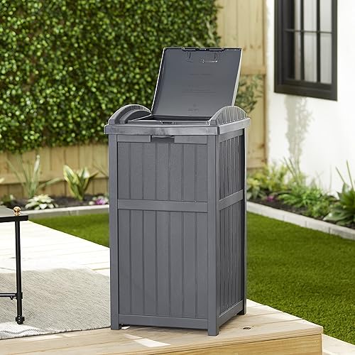 Miniatura 18 de Suncast Cubo de basura oculto de 33 galones para patio, basura de resina para exteriores con tapa, uso en patio trasero, terraza o patio, color gris