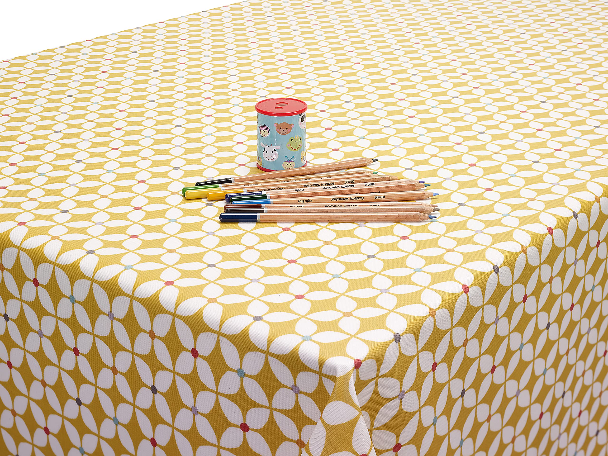 Jolee Fabrics Scandic Marguerite Floral Wipe Clean Oilcloth Tablecloth - Table Protector For Any Table Size Or Shape - Hygienic, Waterproof, Durable (Ochre Yellow, 132cm x 190cm)