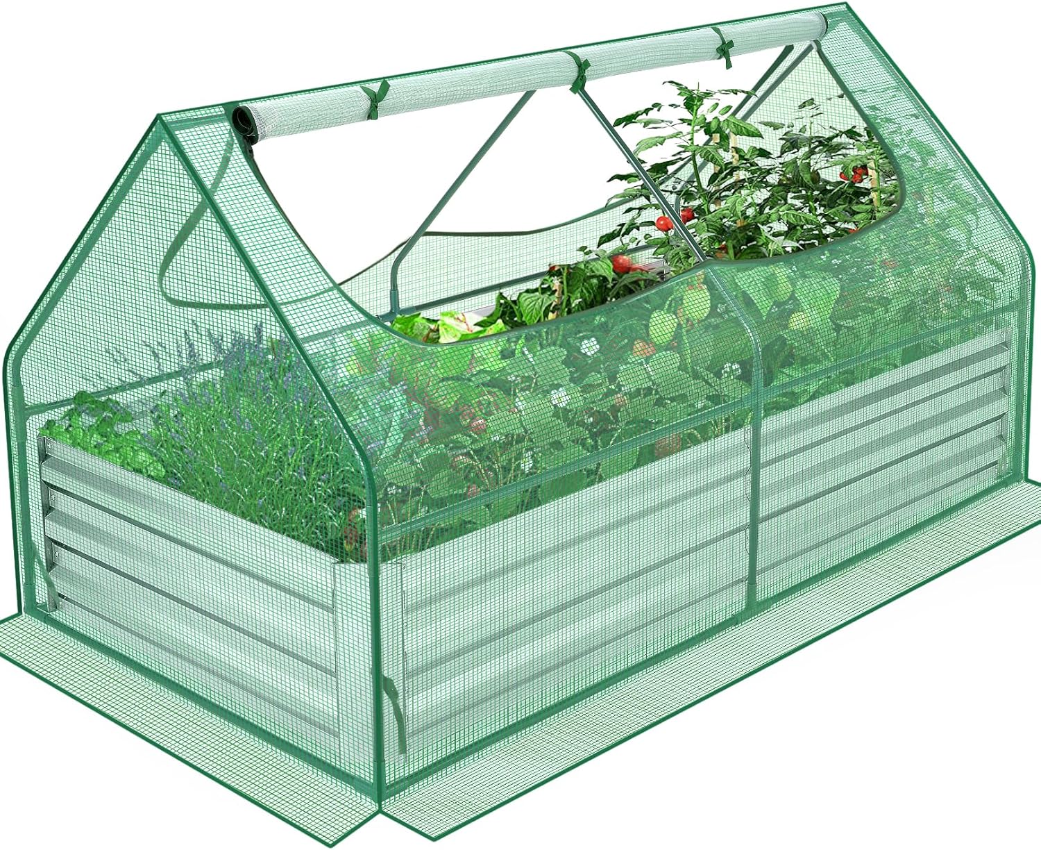 6x3x3ft Galvanized Raised Garden Bed with Cover, Extra-Thick Metal Planter Box Kit w/ 2 Roll-Up Large Screen Windows, Mini Greenhouse &1 Pair of Gloves for Growing Vegetables Fruits Flower, Clear