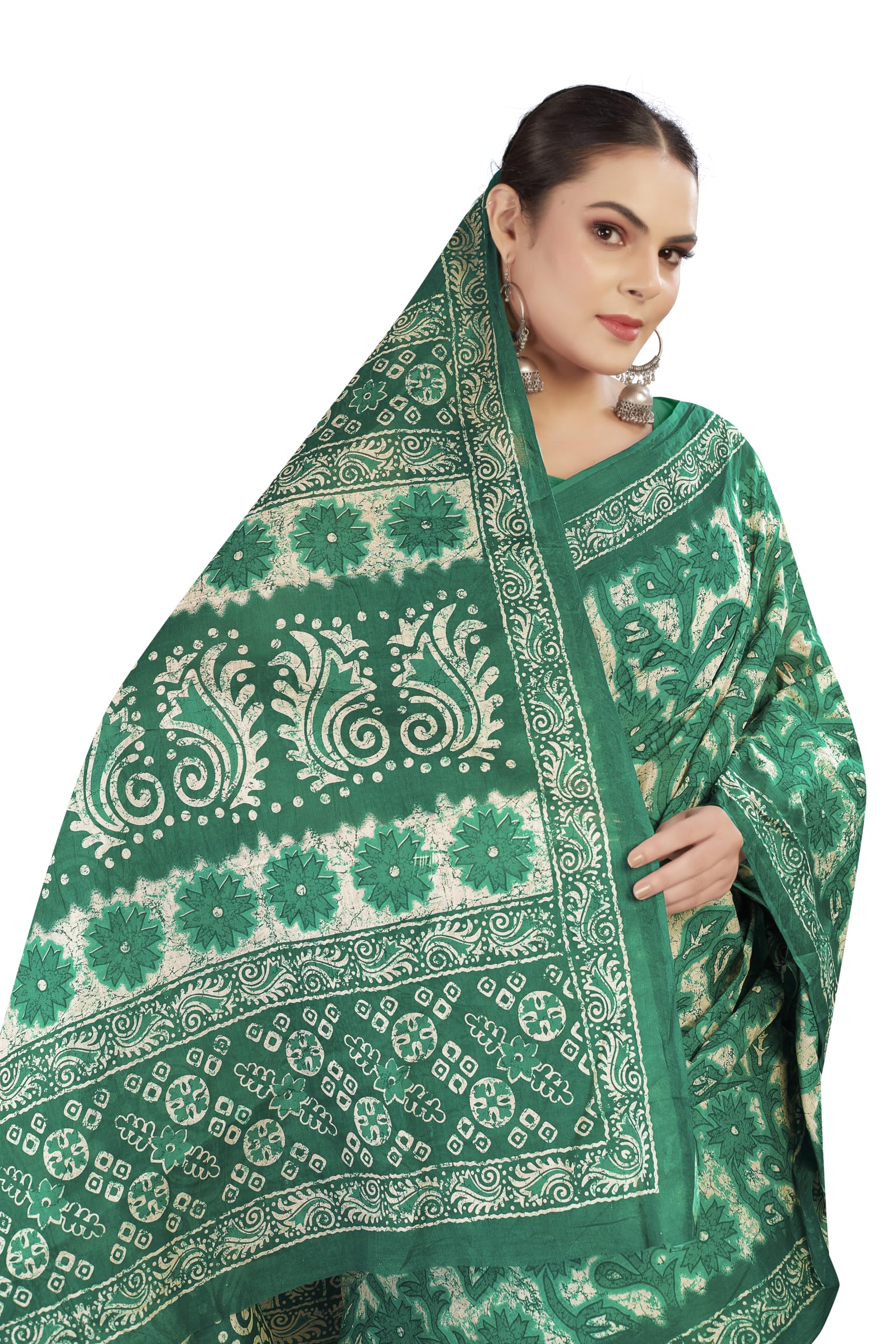 Tamaira Fashion Women's Floral Batik Printed Pure Cotton Mulmul Saree Without Blouse Piece(11588_Seagreen)