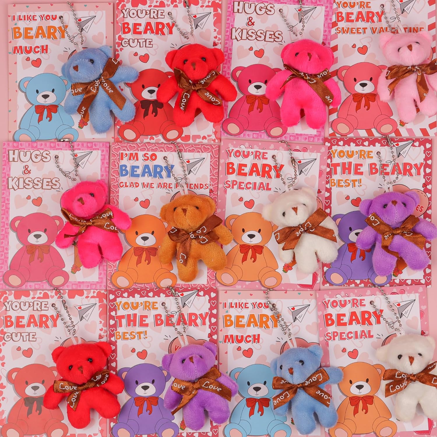 28 Pack Valentines Day Cards & Mini Plush Bear Keychains, Valentines Day Gifts for Kids Classroom, Valentine's Day School Party Favors Class Exchange Prizes for Boys Girls