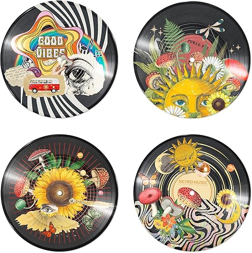 Putuo Decor Juego de 4 decoración de pared hippie con diseño de disco Indie, decoración estética de habitación extraña, girasol, hongo, sol, luna,