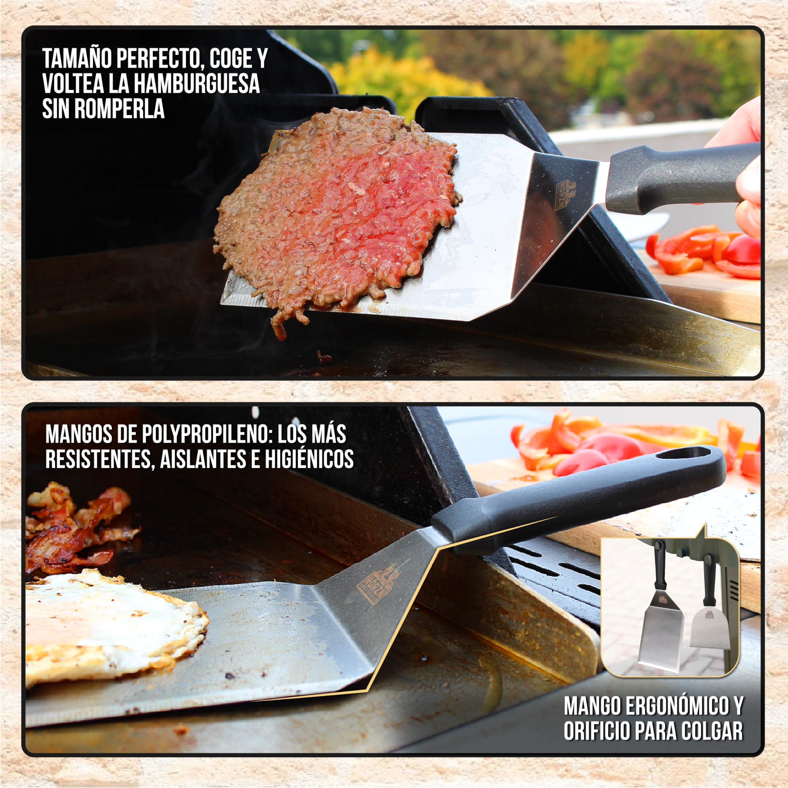 Kit Smash Burger – Incluye Smasher o Aplastador de Hamburguesa, Espátula para Plancha y Campana para Barbacoa - Fabricado Acero INOX. 304 Certif. Contanto Alimentos, Garantía 10 Años