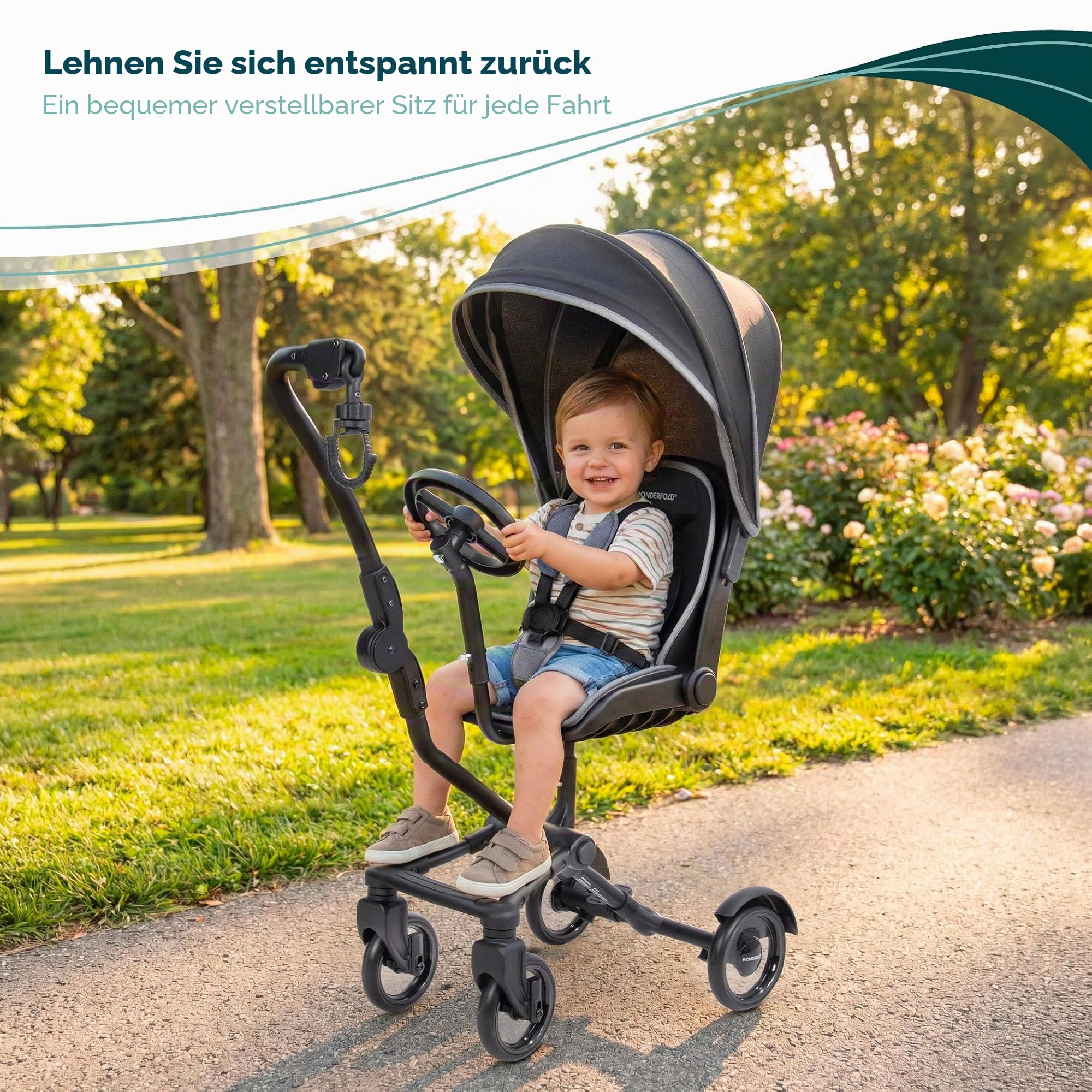 Wonderfold Buddy Rider Kinderwagen, faltbar, leichtes Design, verstellbarer Baldachin, Aufbewahrungskorb, Schwarz, 74,9x38,9x32,5 cm
