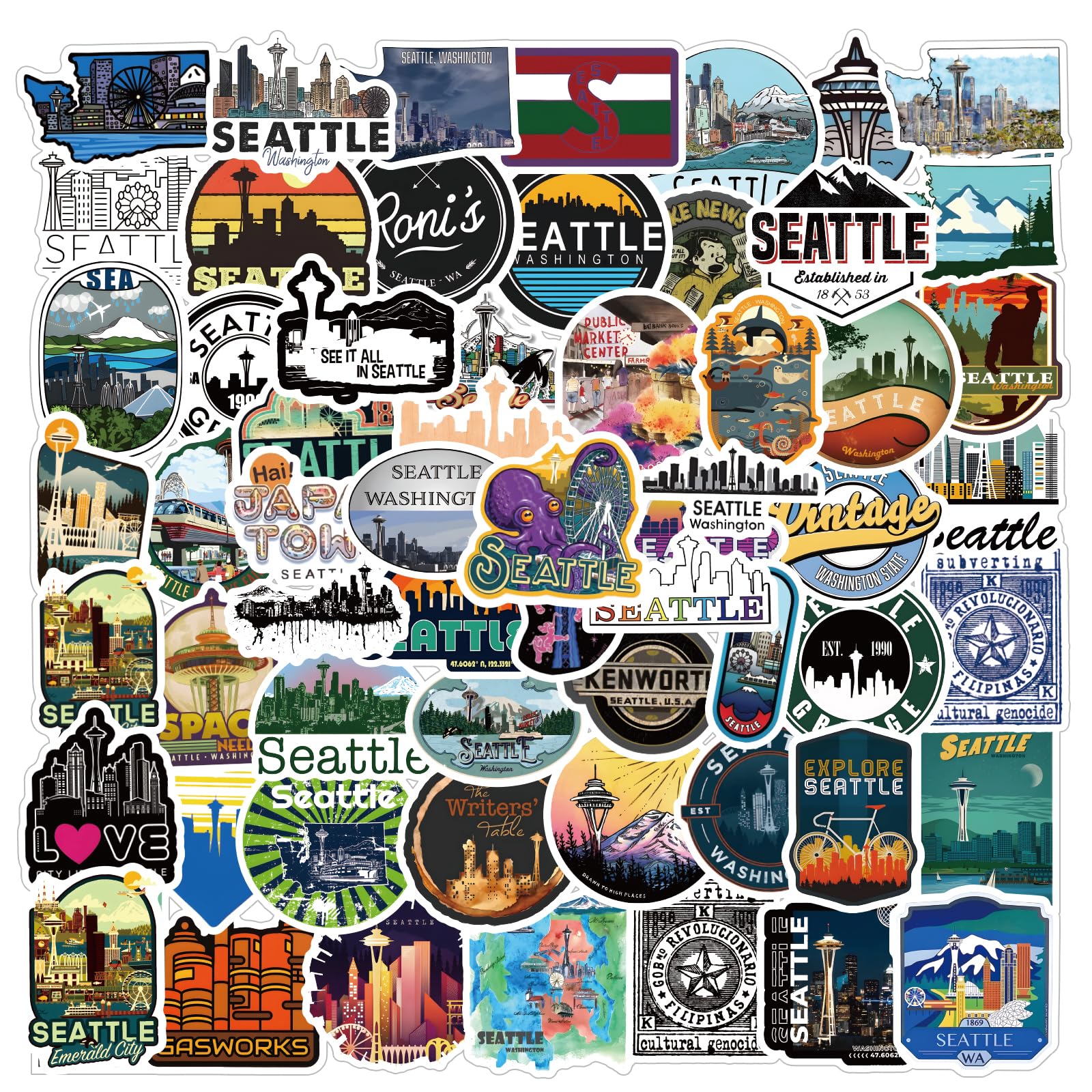 Amazon.com: 63Pcs Seattle Sticker Kawaii Travel Waterproof Pack