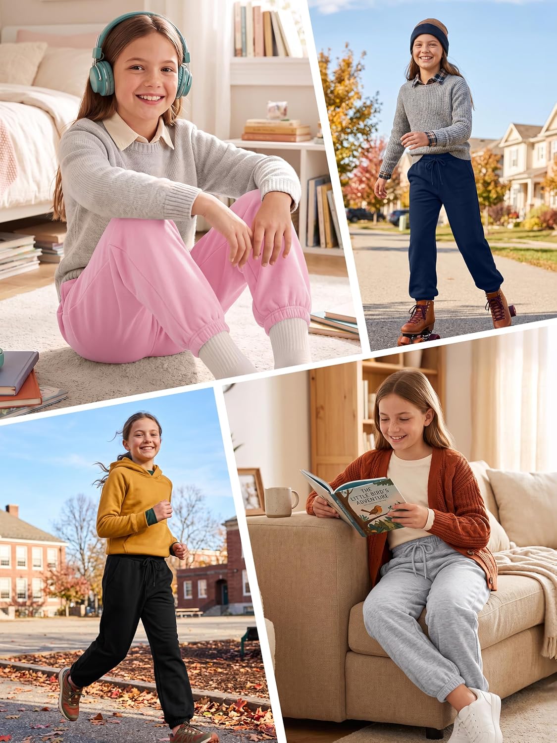 Resinta 4 Pack Girls Sweatpants Joggers Athletic Pants Baggy Active Pants with Drawstring Pocket for Kids Teens