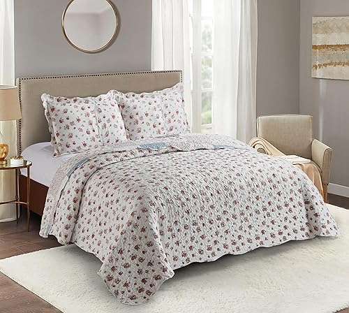 Miniatura 155 de Brilliant Sunshine Juego de edredón de 3 piezas con 2 fundas de almohada, diseño de corazón gris, diseño floral y de encaje, colcha reversible