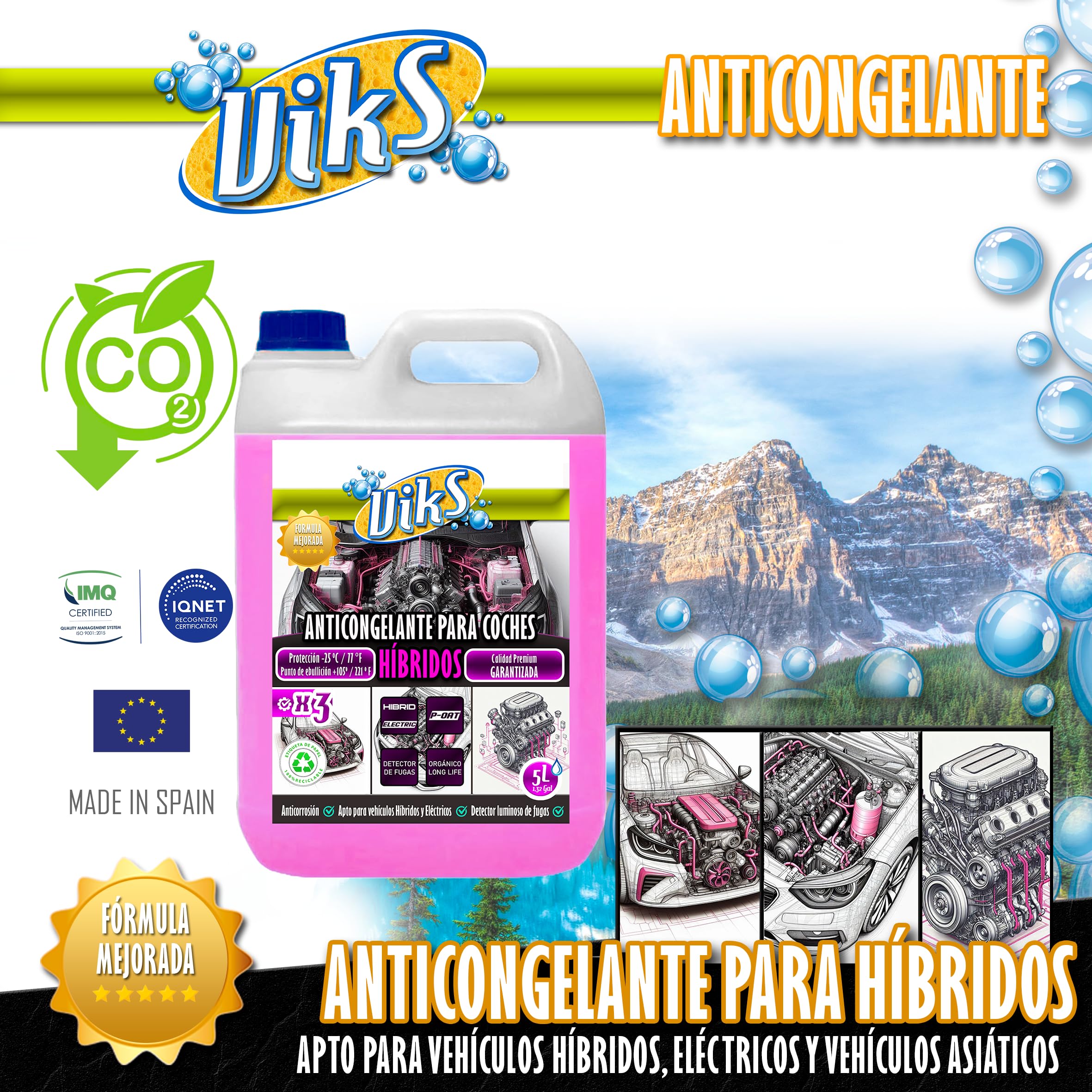 Viks | Antigelo per Auto IBRIDE | Tecnologia P-Oat | Refrigerante Organico Rosa per veicoli elettrici | Protezione del Circuito -25ºC | Adatto a Tutti i Tipi di Radiatori | Uso Diretto | 5L