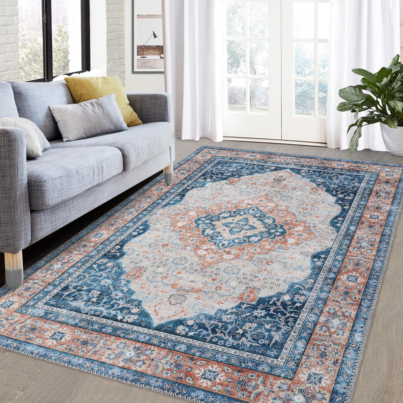 CAROMIO 9x12 Area Rug Large Machine Washable Vintage Distressed Area Rug Traditional Medallion Accent Rug Stain Resistant Non-Slip Foldable Floor Cover Carpet Rug for Living Room Home Decor, Blue