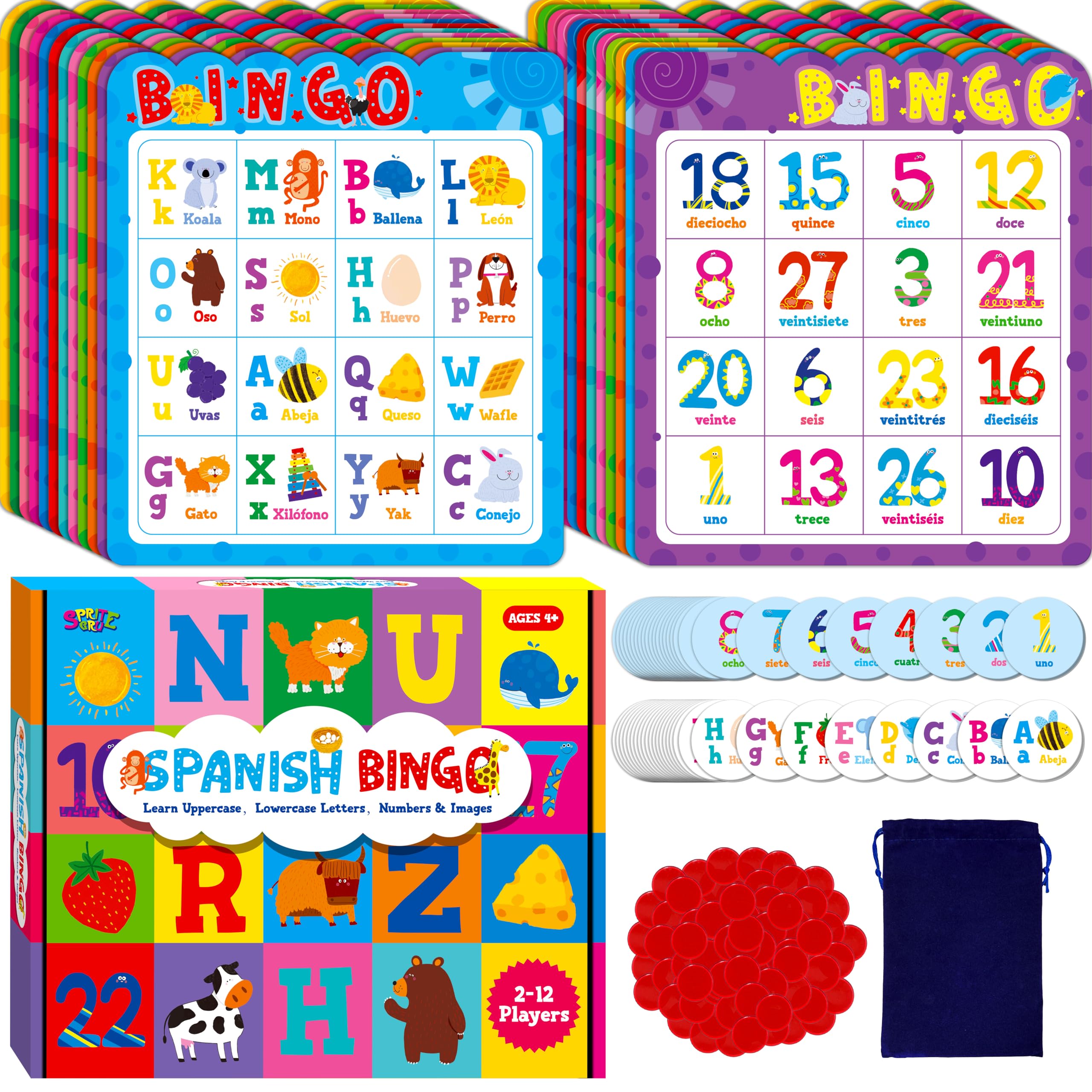 Spanish Bingo Game, 12 Bingo Board Spanish Letters, Numbers & Words Vocabulary Game, Early Educational Toys for Learning - Ages 4 and up, Perfect for Classroom & at Home (Up to 12 Players)