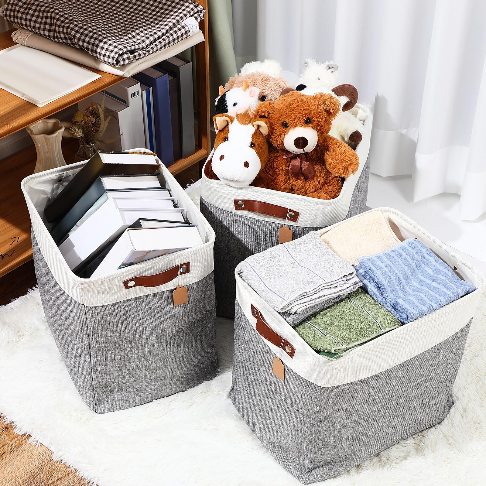 Uiifan Faltbare Aufbewahrungskörbe aus Stoff, faltbar, mit Griffen, Stoffkorb, Organizer, Leinen-Regalkörbe für Regale, Zuhause, Schrank, Kinderzimmer, Spielzeug (grau und weiß, 43,2 x 38,1 x 30,5 cm)