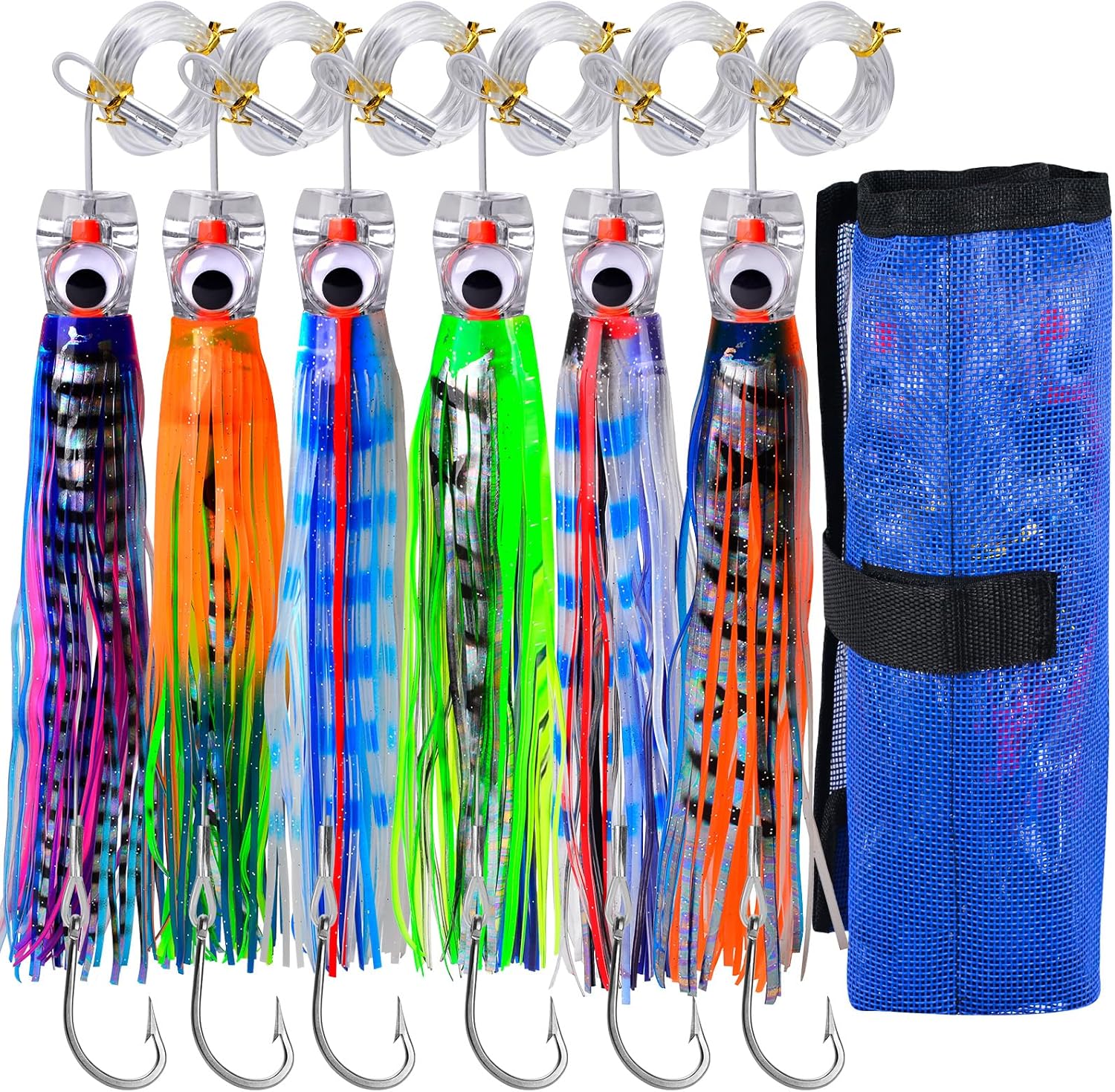 Fishing Trolling Lures - Big Game Deep Sea Fishing Saltwater Rigged Trolling Lure for Marlin Tuna Wahoo Mahi Dolphin - 6-9 inch 6pcs Bait Set with Mesh Bag