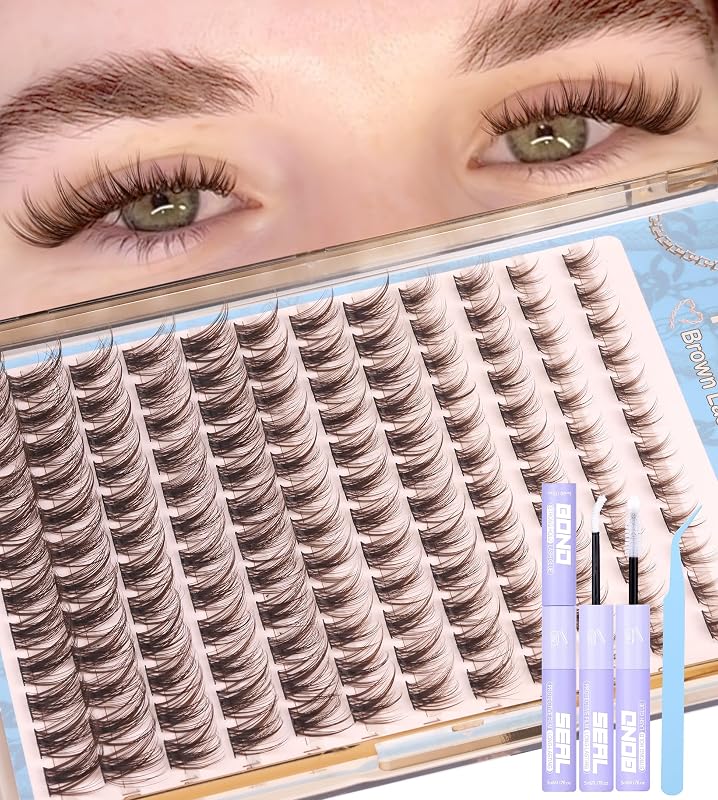 Kit de cílios postiços em tufos marrom-escuro Mavphnee com cola, selante e pinça CC Curly 8–16 mm, 144 unidades