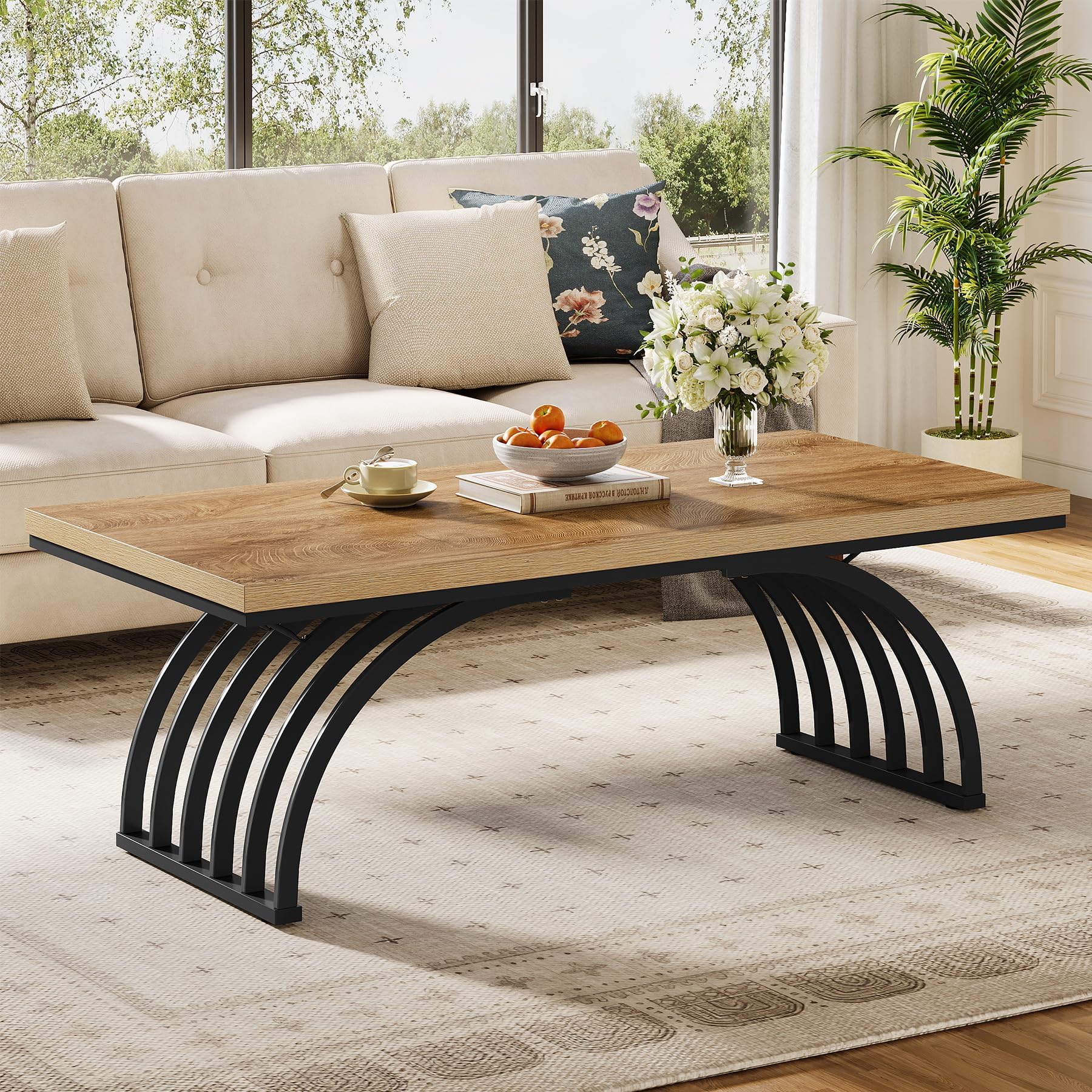 Tribesigns Mesa de centro de 120 cm, mesa de centro industrial con patas de metal, mesa de acento moderna de madera, mesa de té en casa oficina, color marrón claro