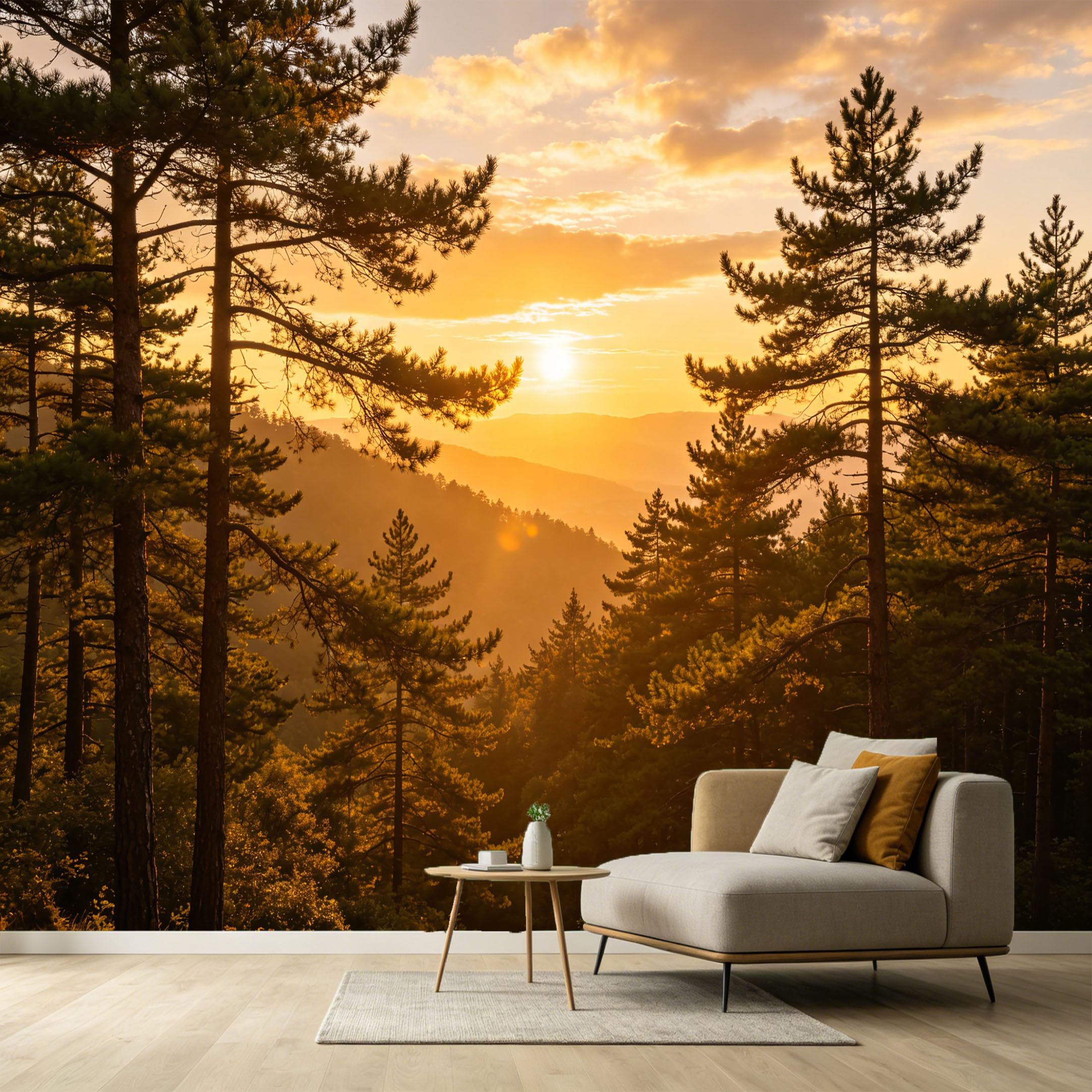 Custom Size Wall Murals Sunset Pine Forest Landscape Oil Painting SelfAdhesive Wall Fabric Removable Large Wallpaper for Photo Living Room Interior Decor Wall Art Mural