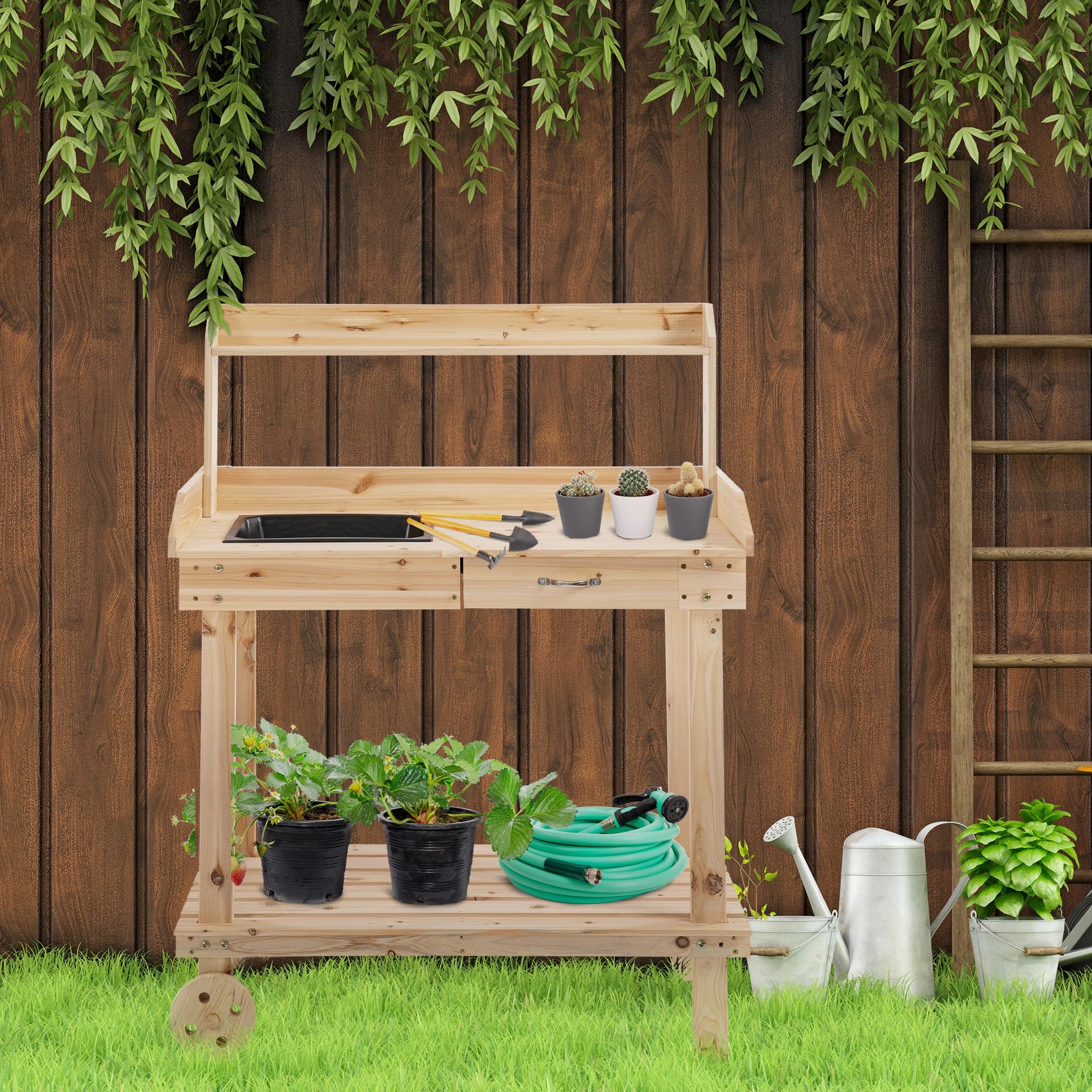 Outsunny Banco de jardín para macetas, estación de Trabajo de Madera, Banco de Trabajo para Plantar al Aire Libre con 2 Ruedas, Fregadero, cajón y Grandes Espacios de Almacenamiento, 92 x 45 x 119 cm