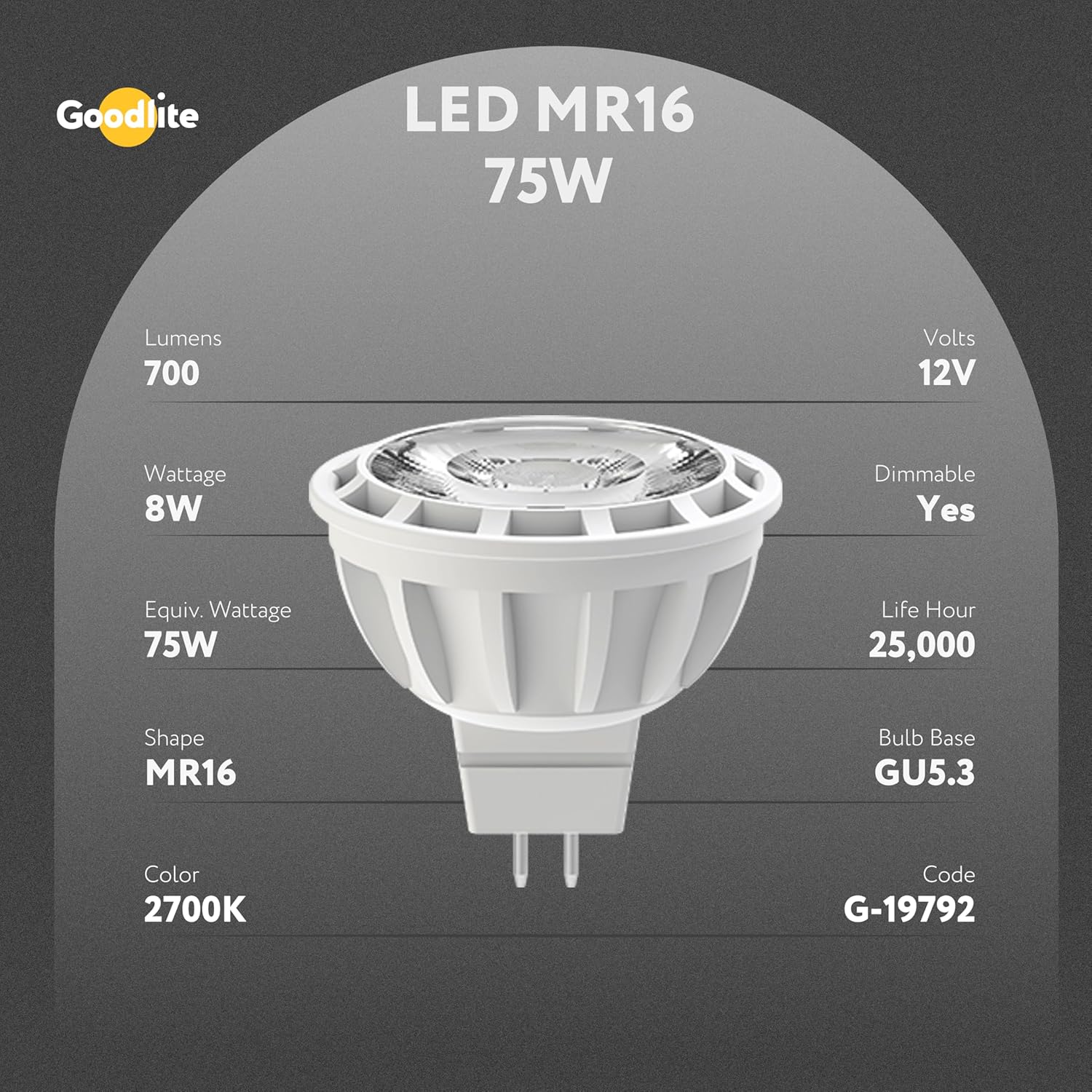 GOODLITE G-83477 MR16 LED 7-Watt (75-Watt Replacement), 2700k (warm White) CRI80, 650 Lumens, Spot Light Bulb, Dimmable, UL-Listed