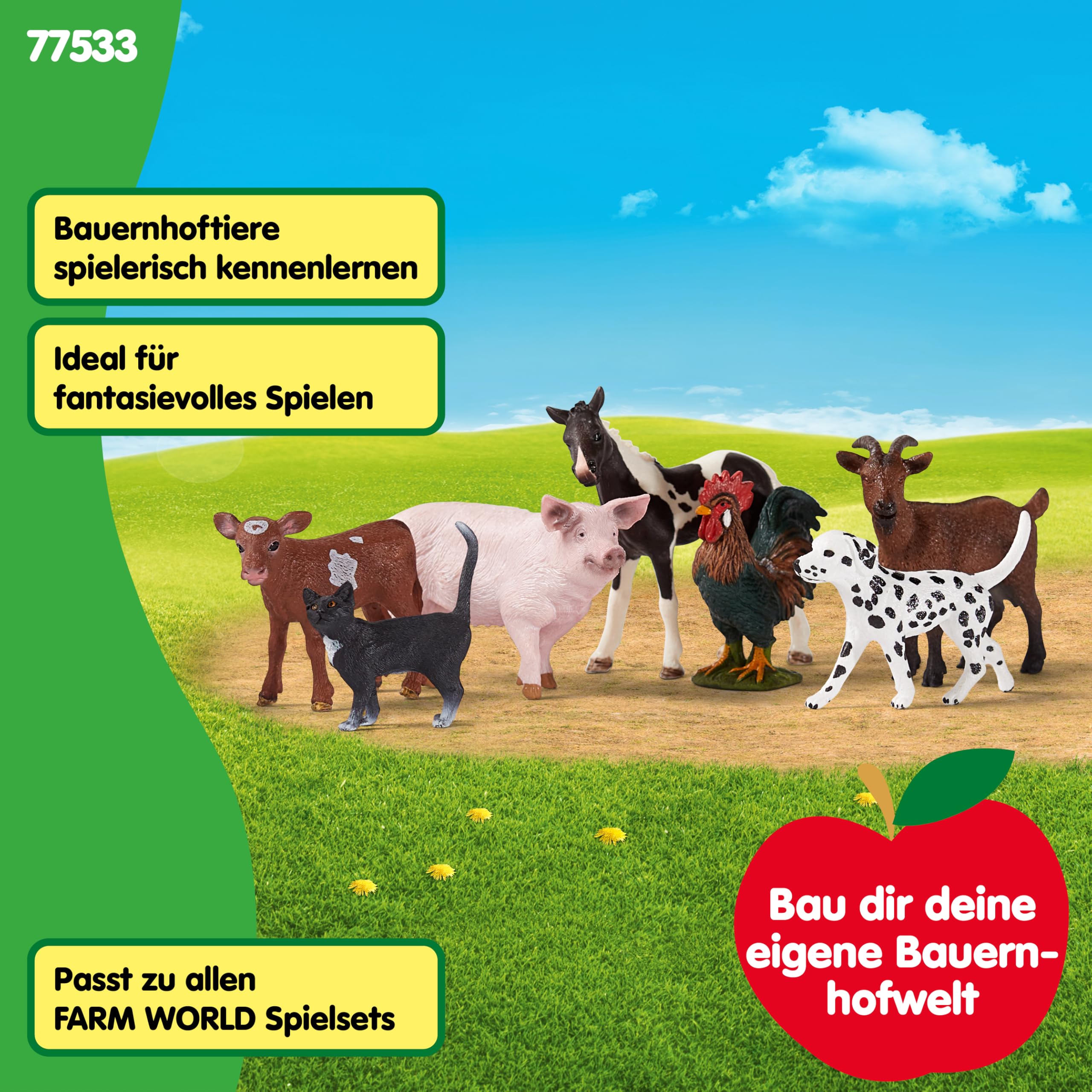 Schleich Farm World | Bauernhof Tiere Set 77533 mit Hund, Katze, Schwein, Ziege, Kuh, Pferd und Hahn | detailliertes Spielset aus 7 Teilen | Bauernhof Spielzeug ab 3 Jahre | exklusiv bei Amazon